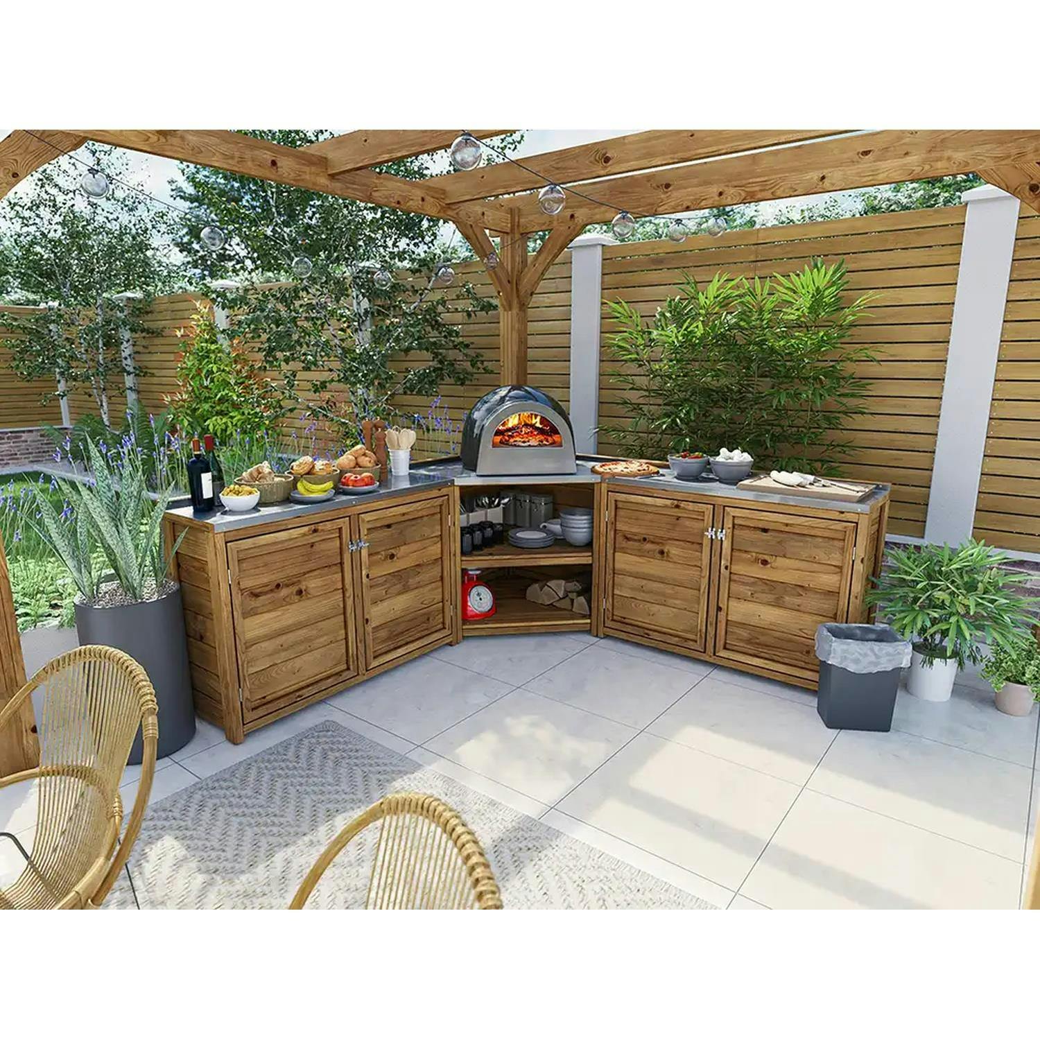 Rackhams Wooden Garden Kitchen Unit J-Configuration With Stainless Steel Countertop, W2m X D2m / W7' X D7'