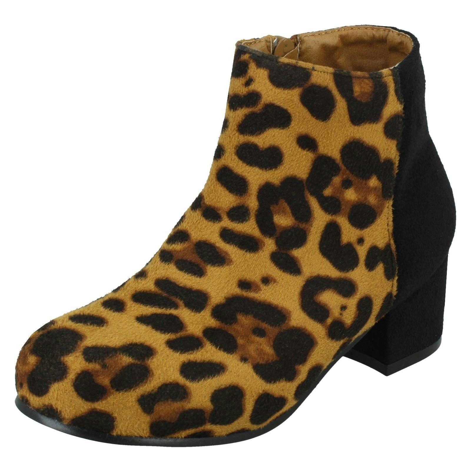 Spot On Girls Black Heeled Ankle Boots - /Tan Leopard - Uk 3 Child