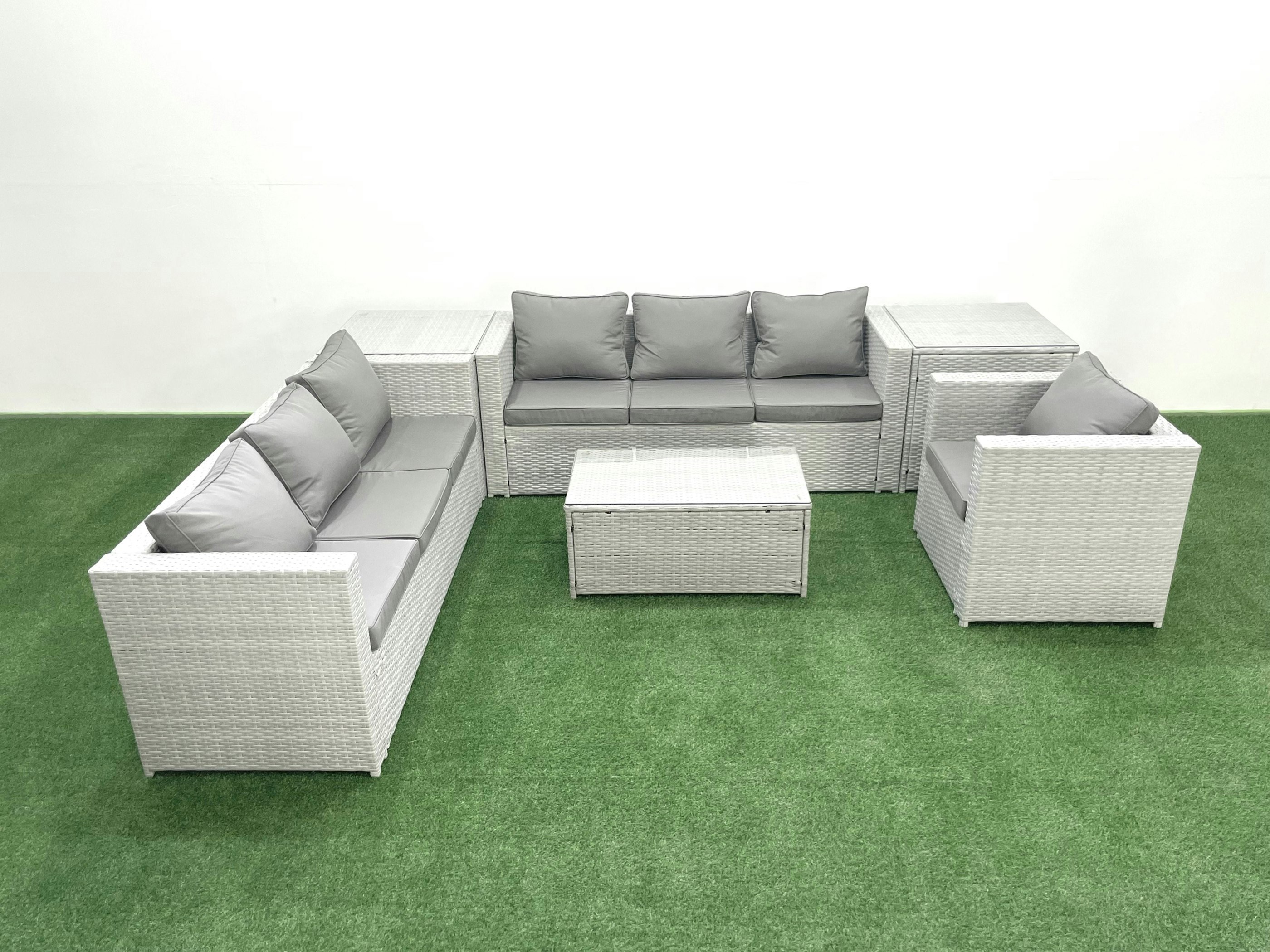 Rackhams Light/Grey Wicker Pe Rattan Sofa Garden Furniture Set With Armchair Oblong Coffee Table 2 Side Tables Mixed