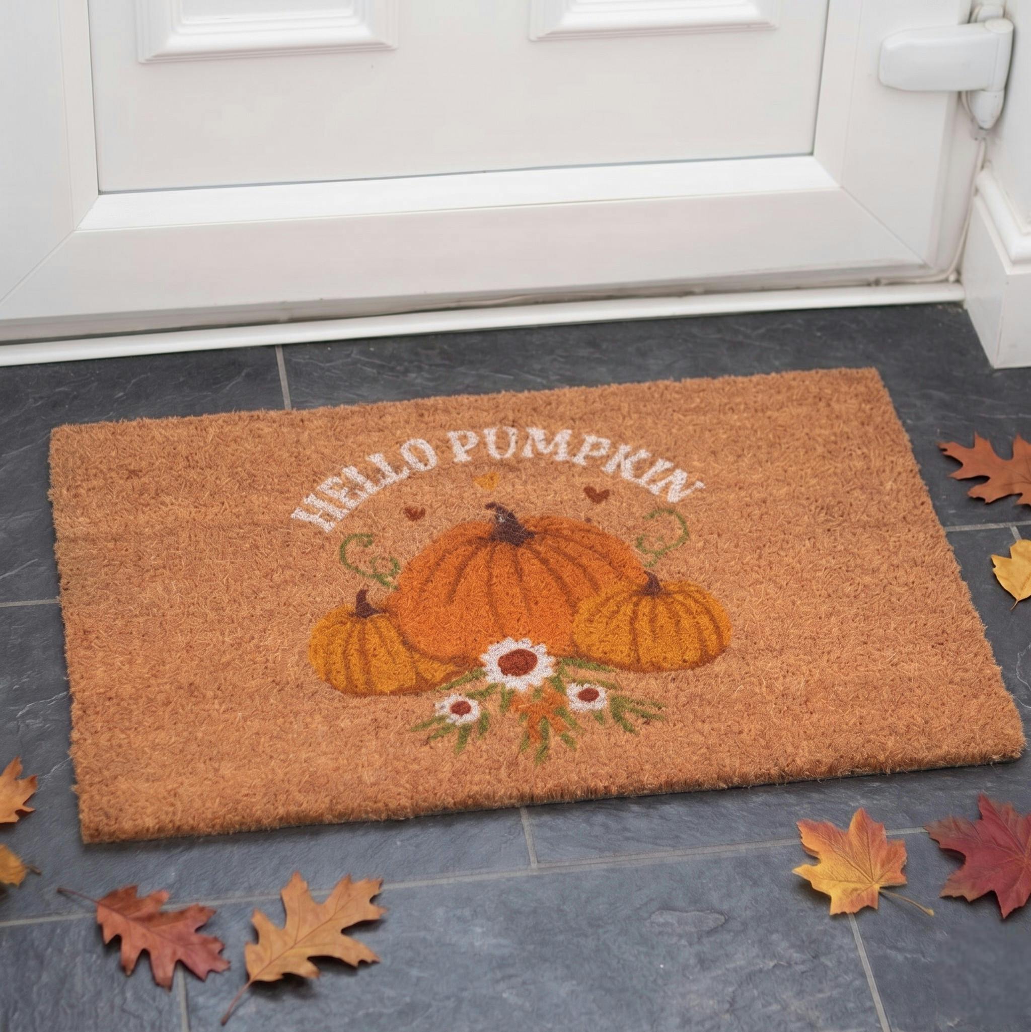 Rackhams White/Green Autumn Hello Pumpkin Harvest Natural Coir Welcome Doormat