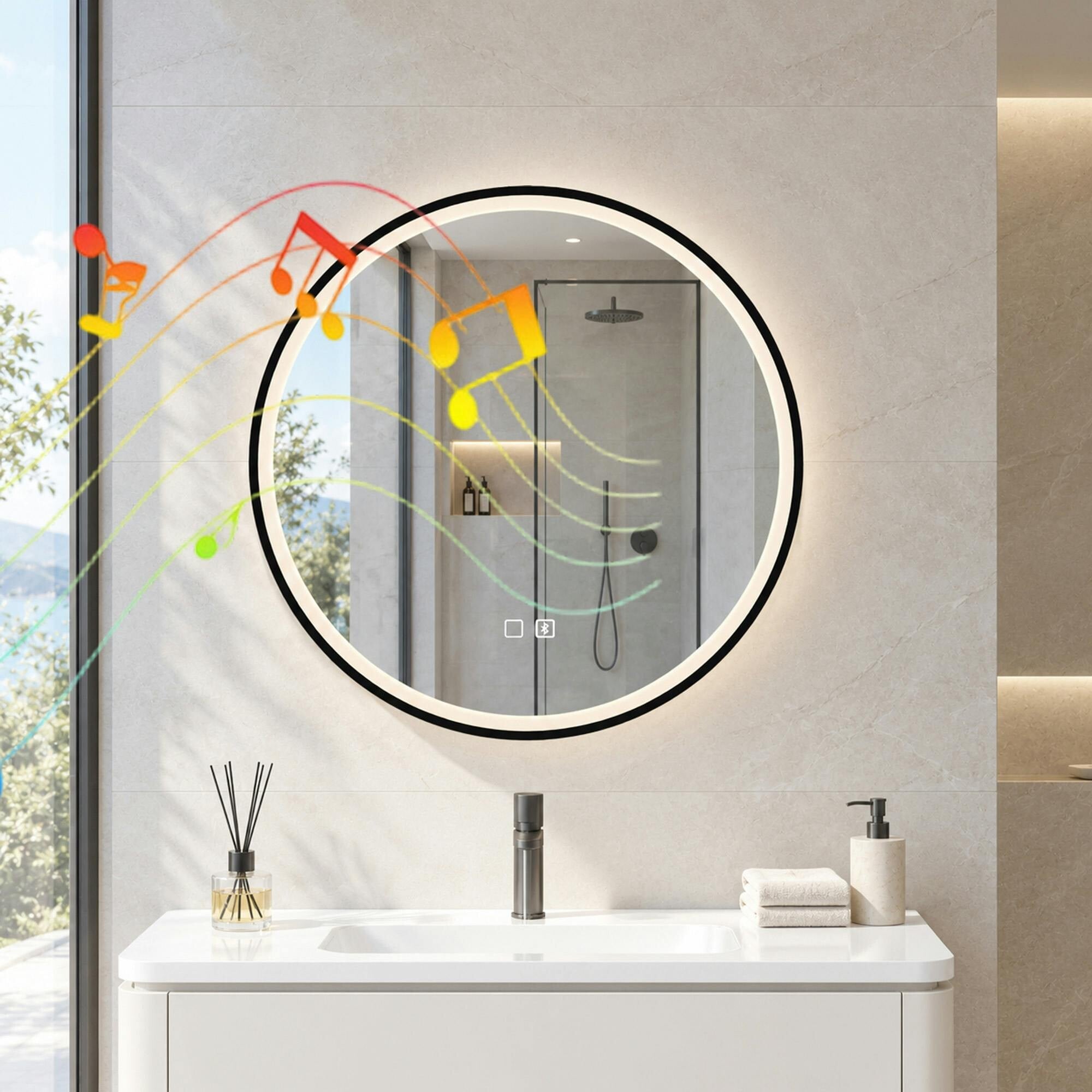 B&Q -  Led Bathroom Mirror60Cm Round Bathroom MirrorDimmableBlack - Image 5