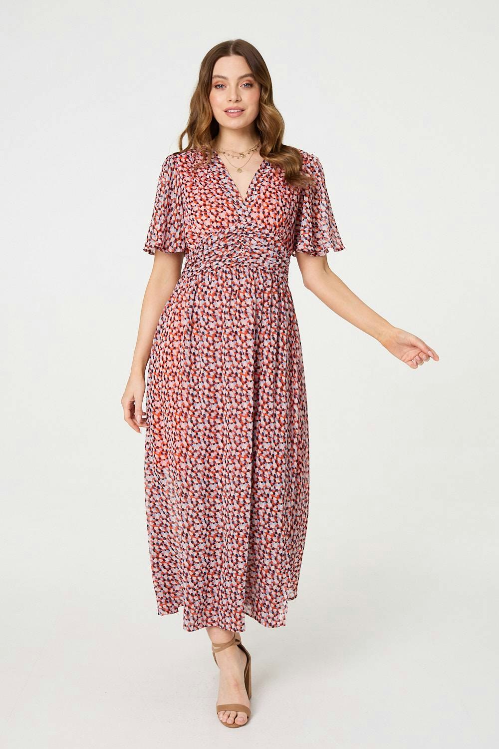 Izabel London Orange Printed 1/2 Sleeve Ruched Midi Dress - 8