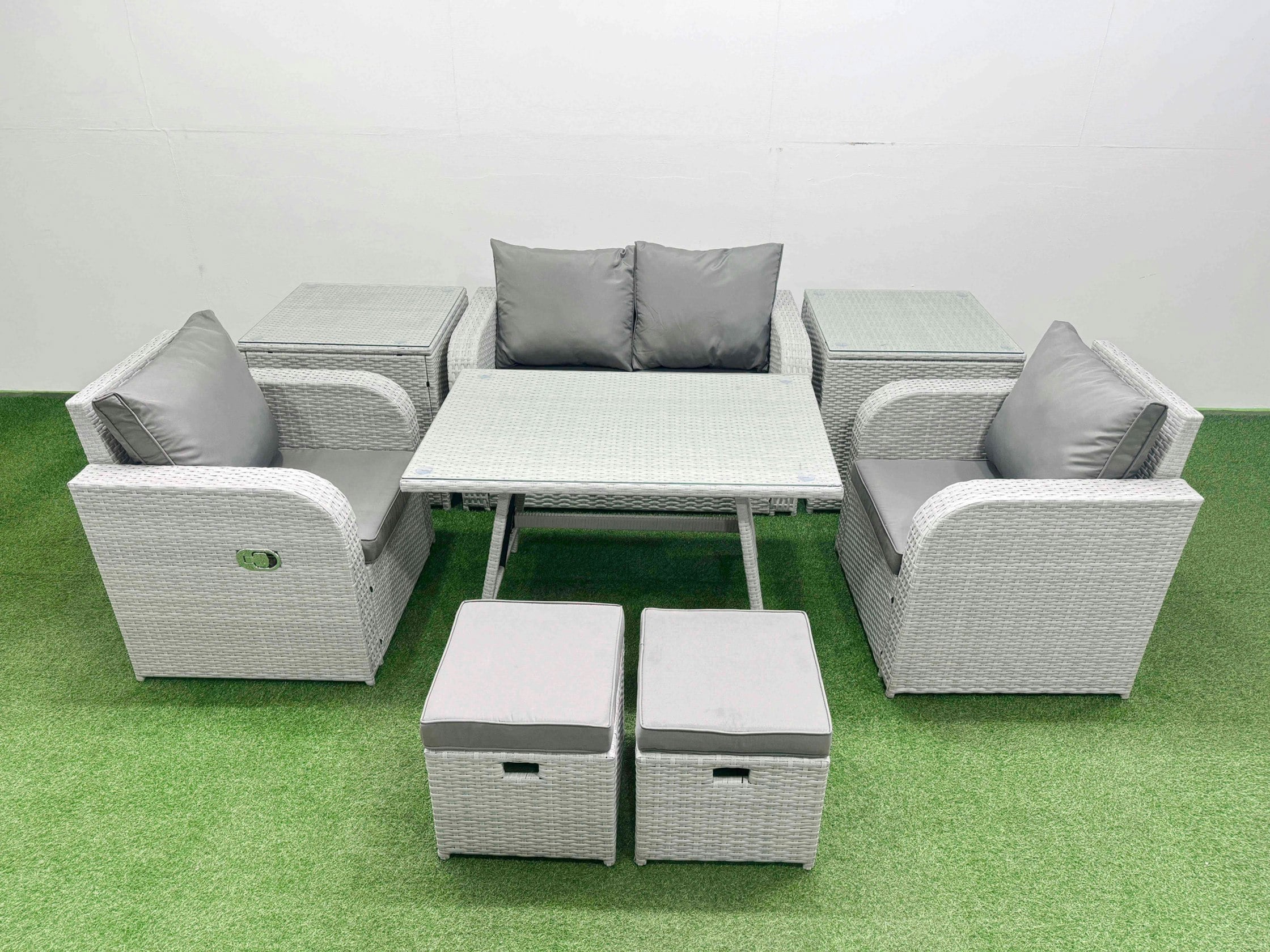 Rackhams Light/Grey Pe Wicker Rattan Garden Furniture Set Sofa Set Reclining Chair Love Sofa Rectangular Dining Table 2 Small Stools 2 Side Tables