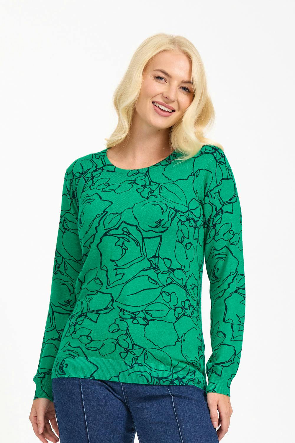Mudflower Green Floral Outline Knit Jumper - 16