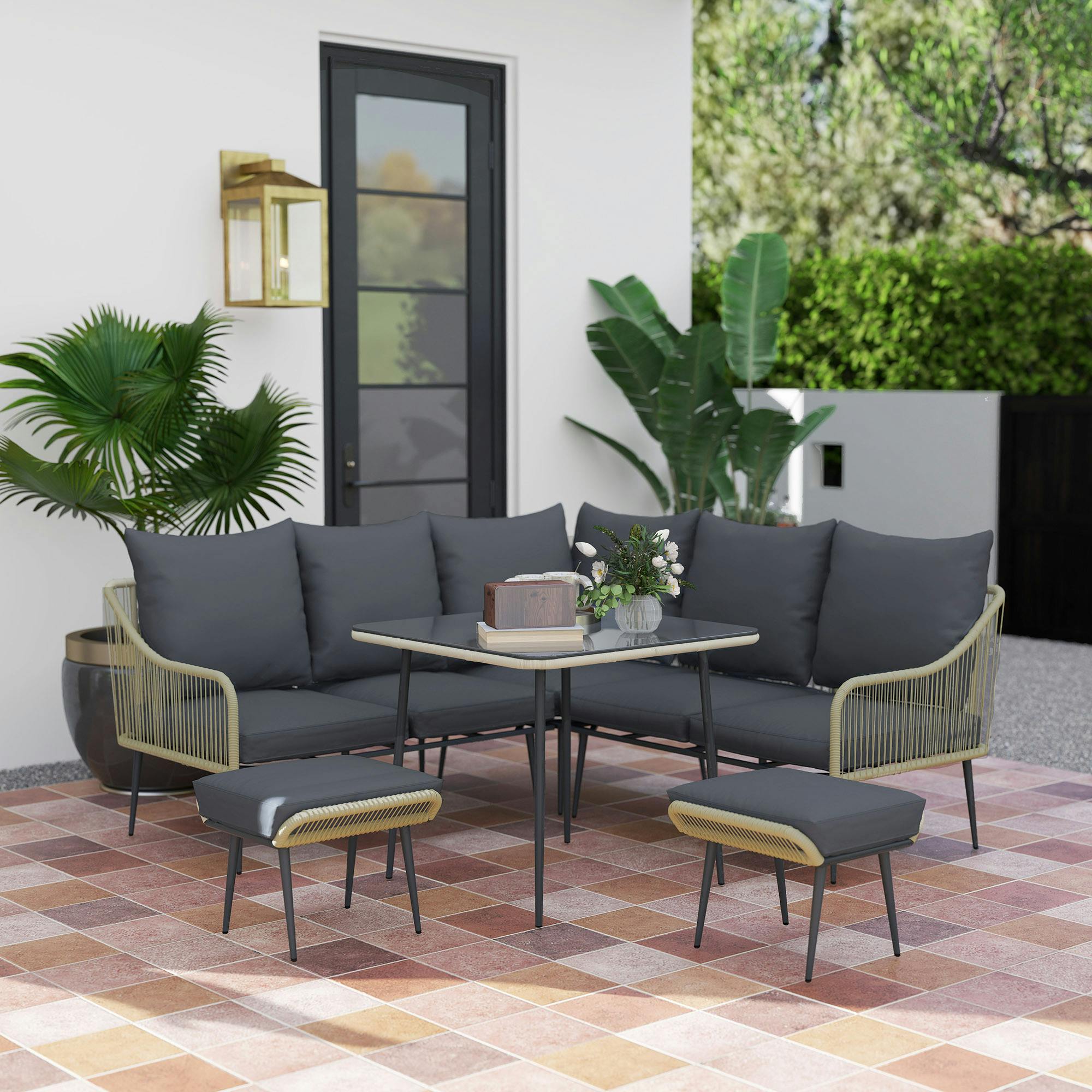 Outsunny Light/Grey 6 Piece Garden Furniture Set Garden Sofa With Cushions,