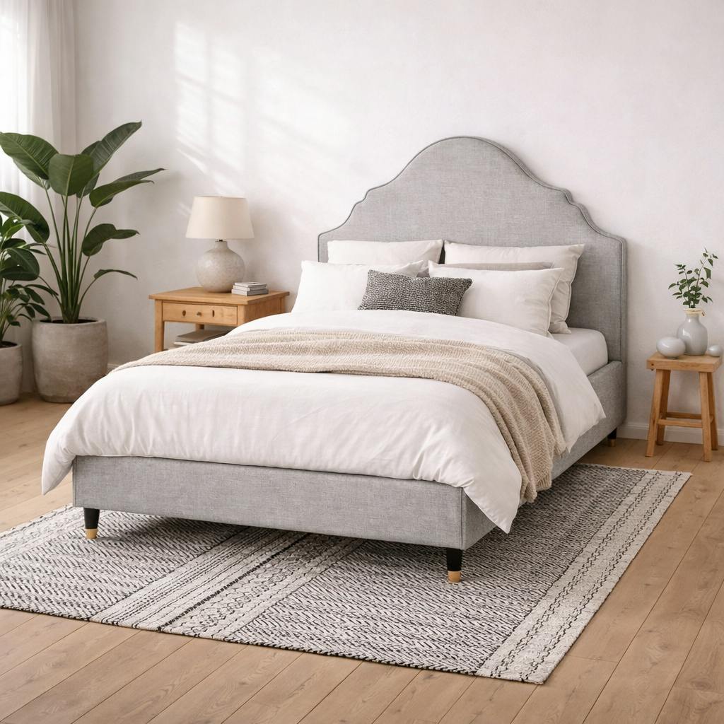 Wyld Haus Light/Grey Princeton Linen Upholstered 4Ft6 Double Bed Retro Headboard