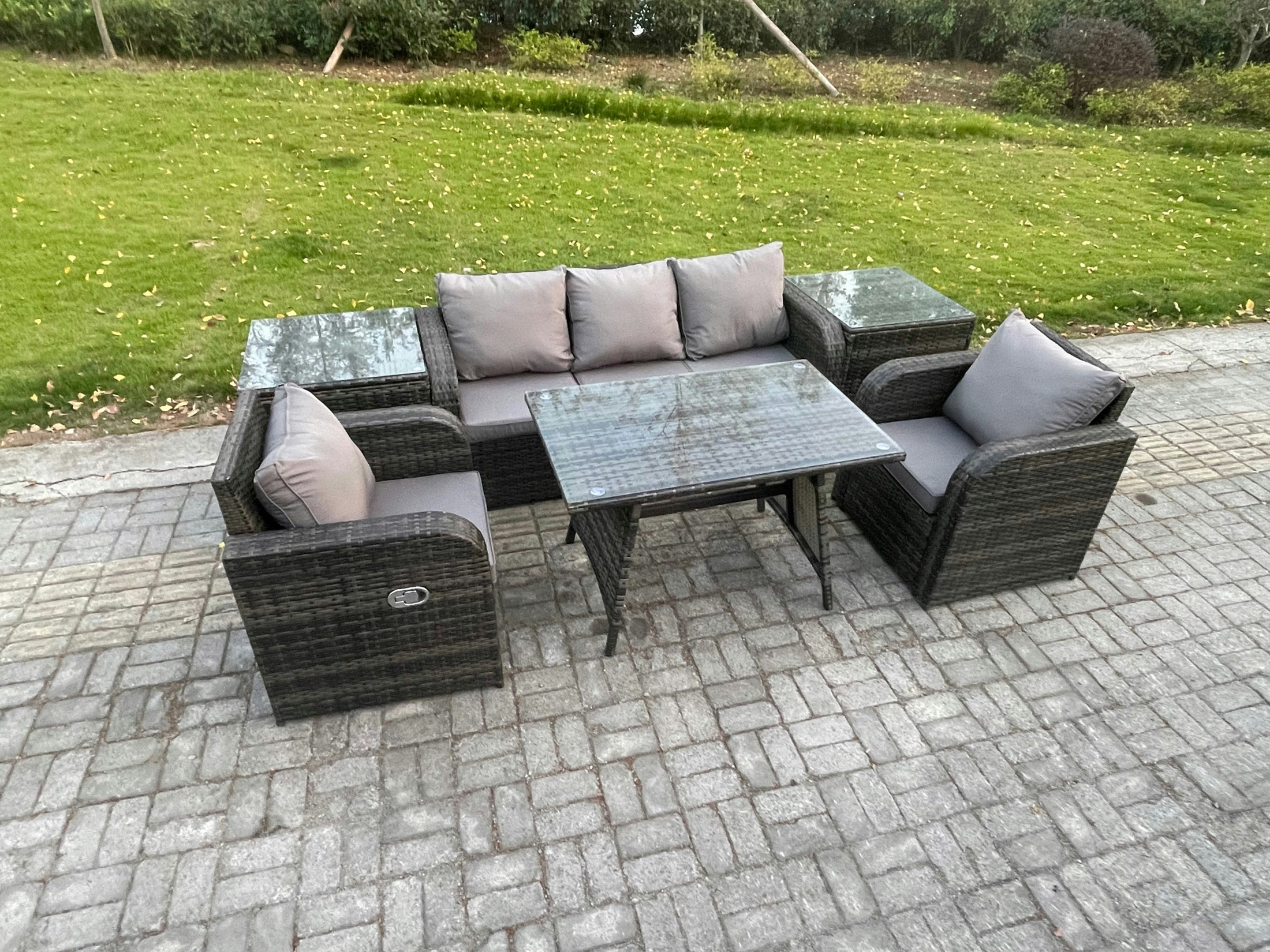 Rackhams Dark/Grey Rattan Wicker Garden Furniture Patio Conservatory Sofa Set With Rectangular Dining Table Reclining Chair 3 Seater Sofa 2 Side Tables