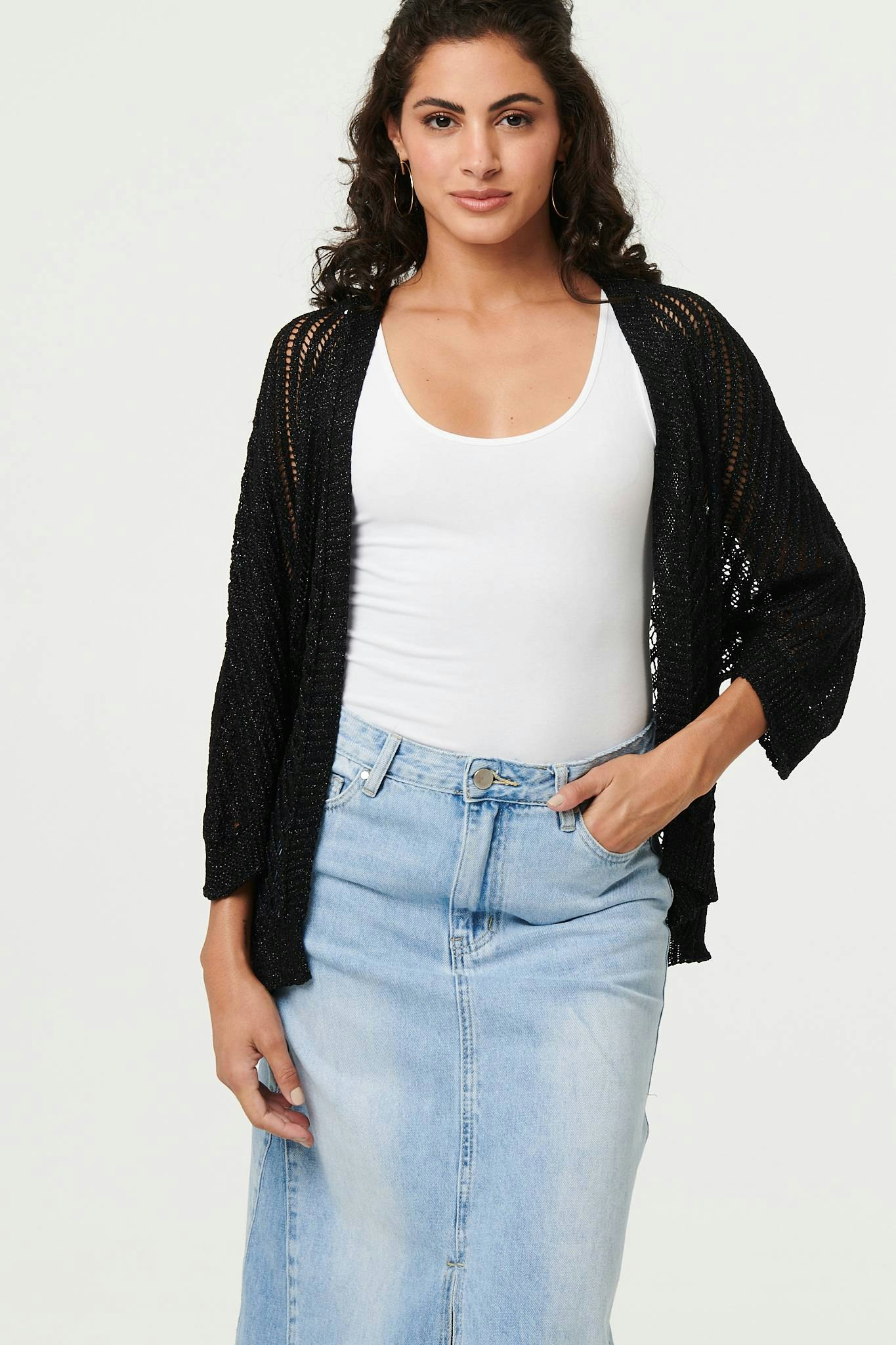 Izabel London Black Sheer Mesh Texture 3/4 Sleeve Cardigan - Medium