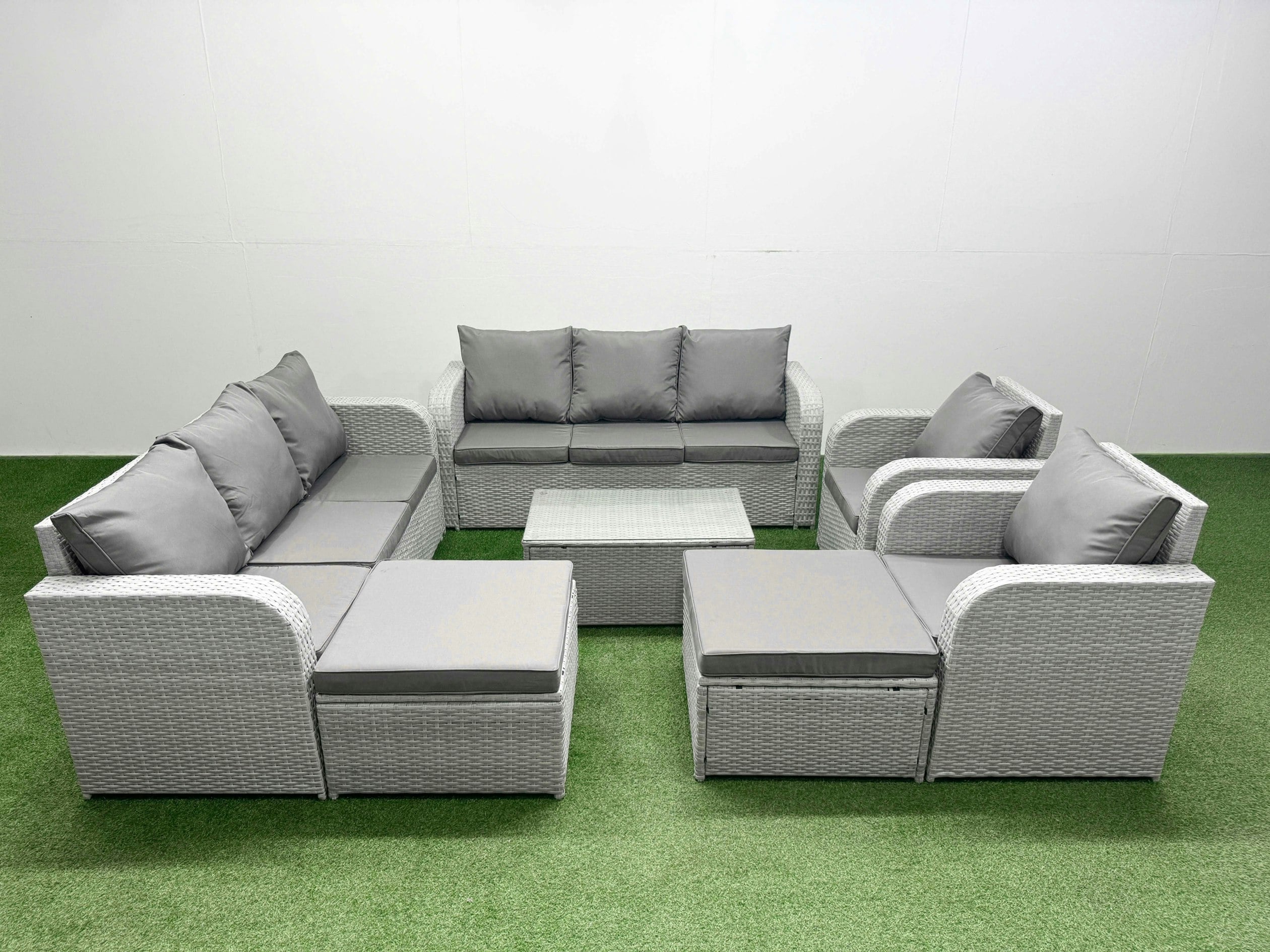 Rackhams Light/Grey Pe Rattan High Back Lounge Sofa Set Patio Coffee Table & Chairs Set With 3 Seater Sofa Reclining Chair 2 Big Footstool