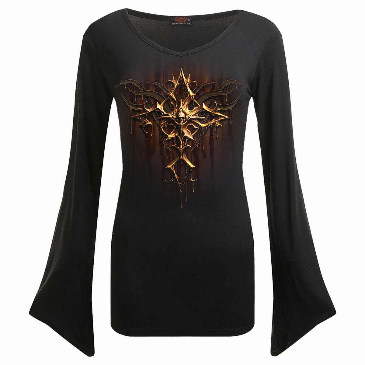 Spiral Direct Gold/Black Dripping - V Neck Goth Sleeve Top - Xl - Digital - Digital