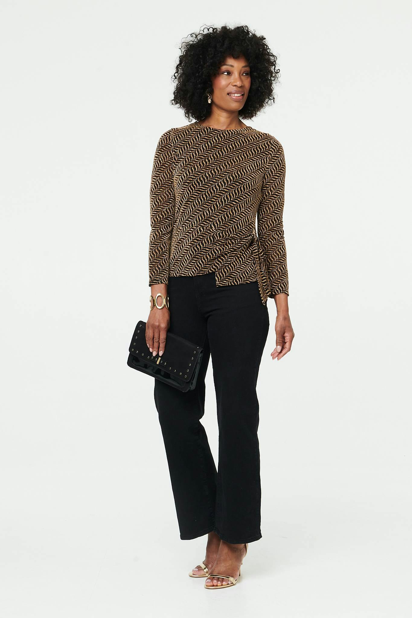 Izabel London Gold Abstract Long Sleeve Tie Waist Top - 8