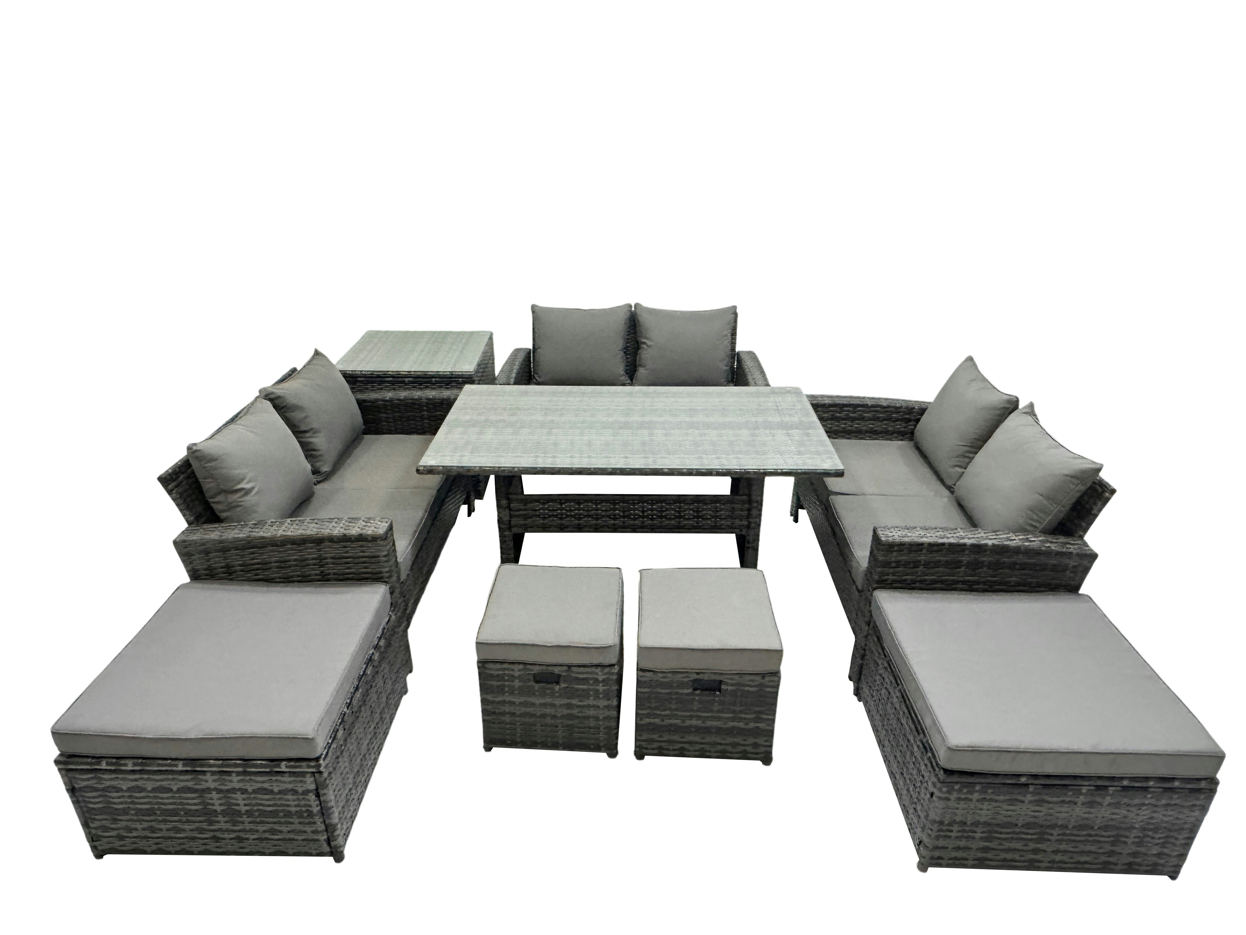 Fimous Dark/Grey 10 Seater Wicker Pe Rattan Furniture Outdoor Dining Table Double Seat Sofa Side Table 4 Stools Set Mixed