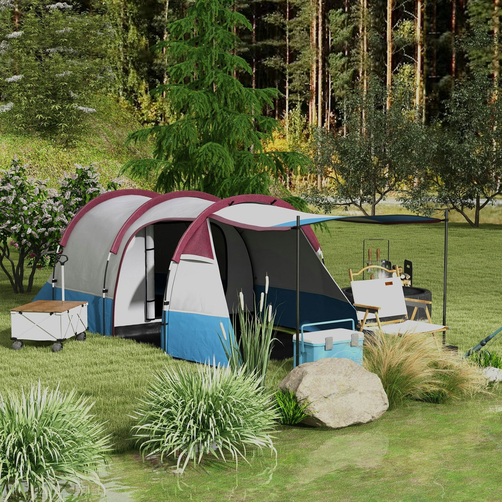 Outsunny Red 2-3 Man Camping Tunnel Tent With Bedroom And Living Room,