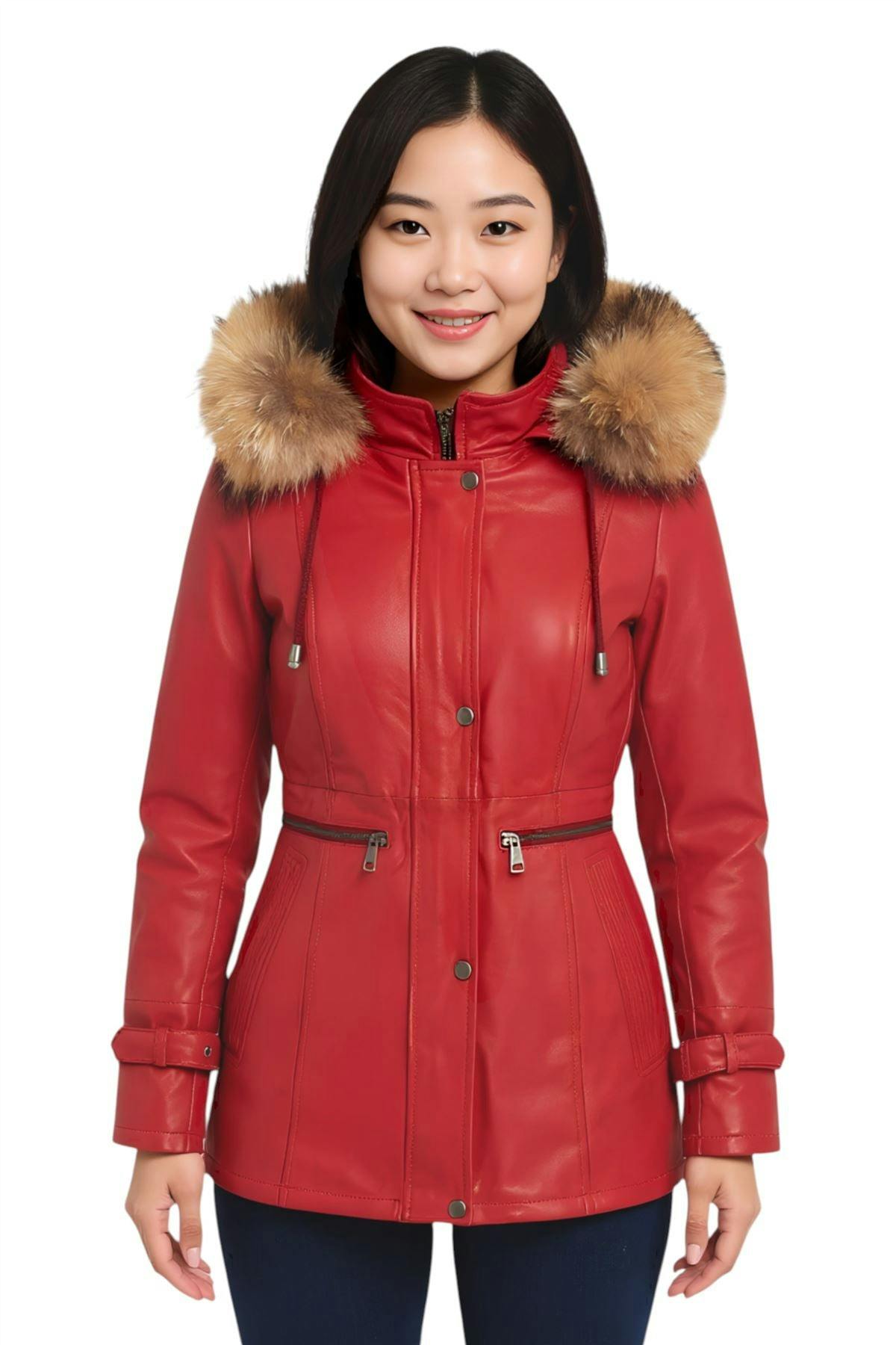 Infinity Leather Women's Red Leather Hooded Parka Jacket-Putian - Uk 5XL/24 | Eu 50 | Us 20