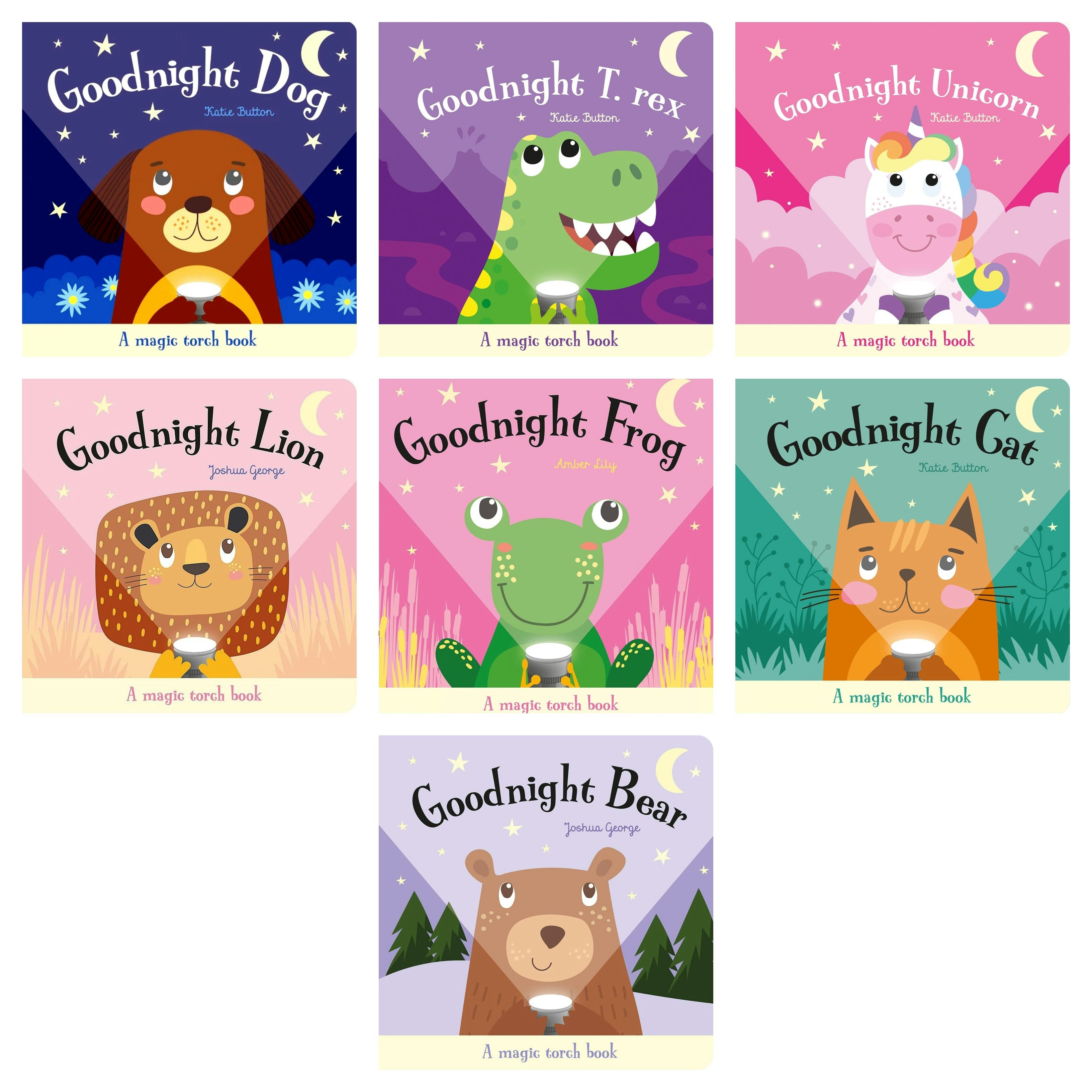 Various Publishers Magic Torch Books 7 Books Collection Set (Goodnight Bear, T. Rex, Unicorn, Lion, Frog, Cat, And Dog)
