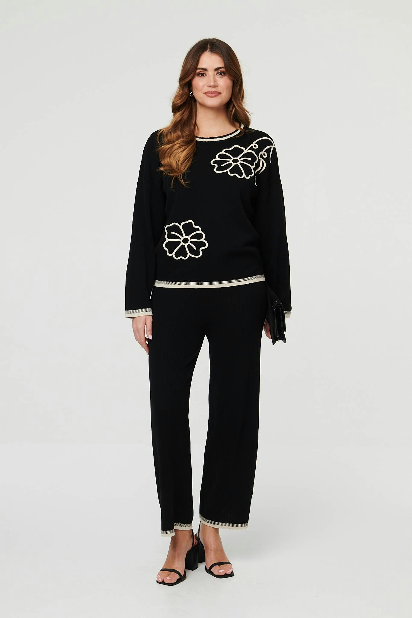 Izabel London Black Floral Trim Jumper & Trousers Co-Ord Set - L