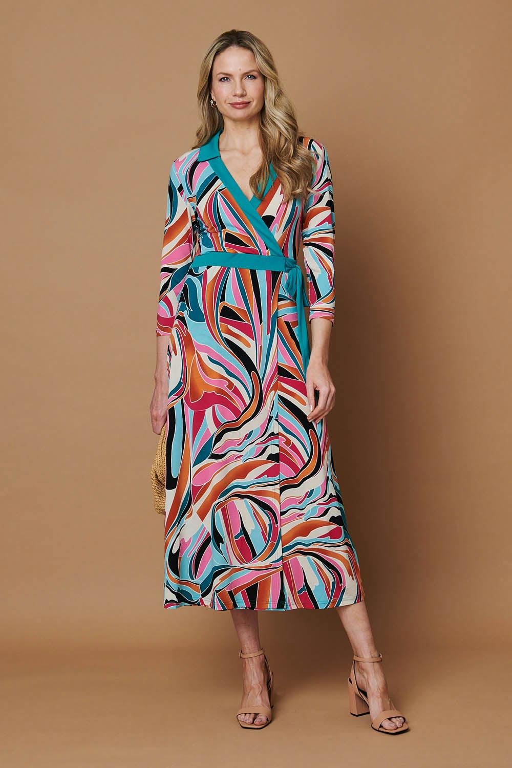 Izabel London Red Abstract Tie Waist Midi Wrap Dress - 10