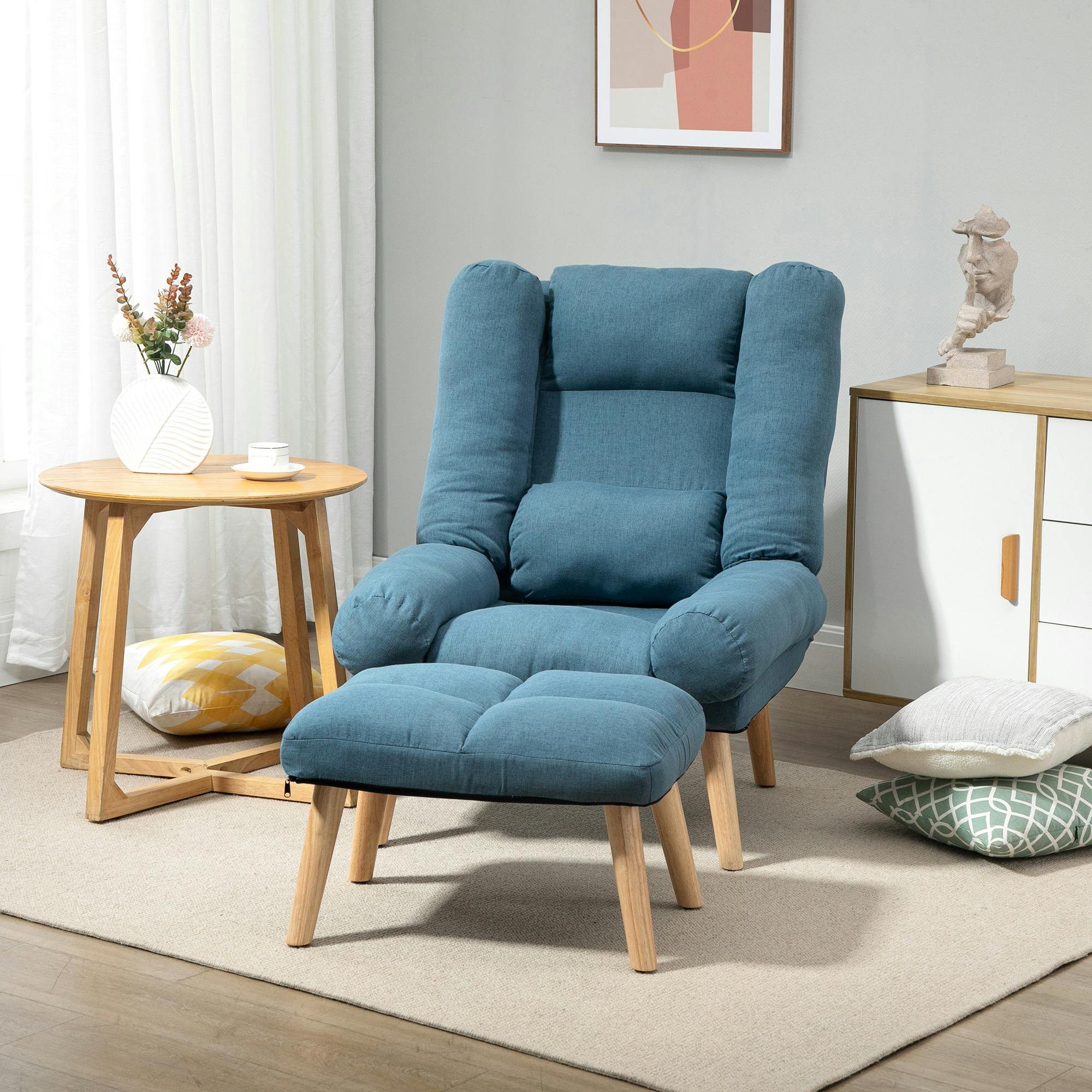 Rackhams Blue Armchair With Footstool, 180° Recliner With Ottoman, Accent Chair And Footstool With 3-Position Adjustable Backrest And Wooden Legs, - Image 5
