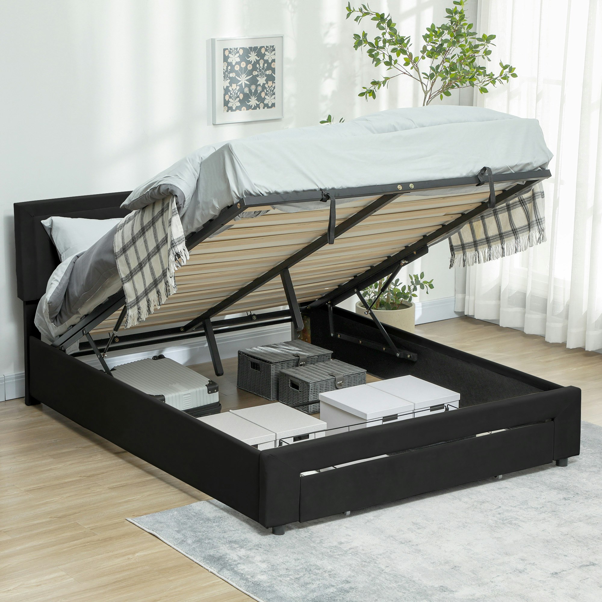 Homcom Black Bed Frame With Storage And Adjustable Velvet Headboard, Double