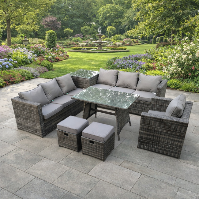 Rackhams Dark/Grey 9 Seater Rattan Corner Sofa Set With 2 Sofas, Coffee Table, Side Table, Armchair & 2 Footstools