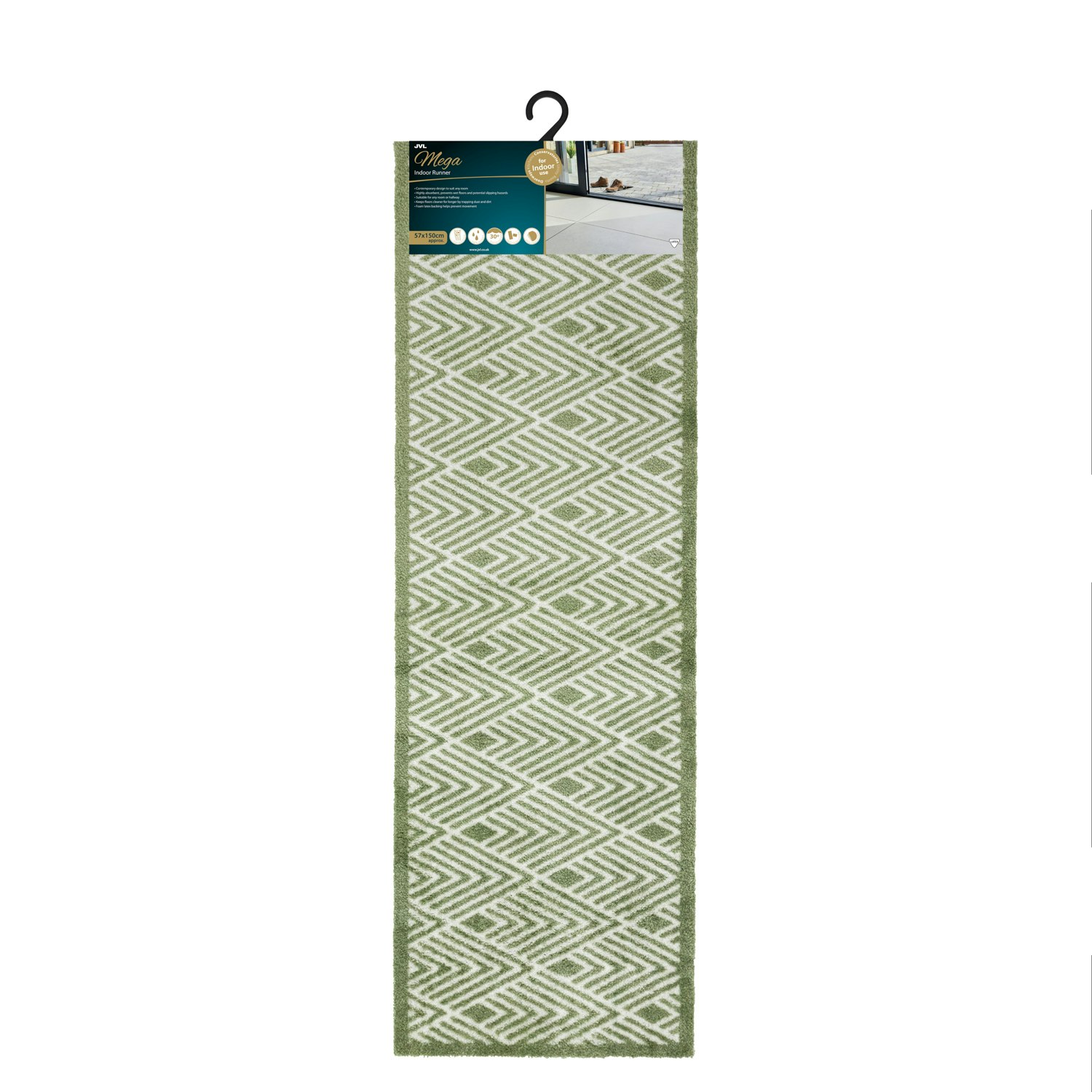 Rackhams Green Mega Mat Machine Washable Entrance Runner, 50X150cm, Geo