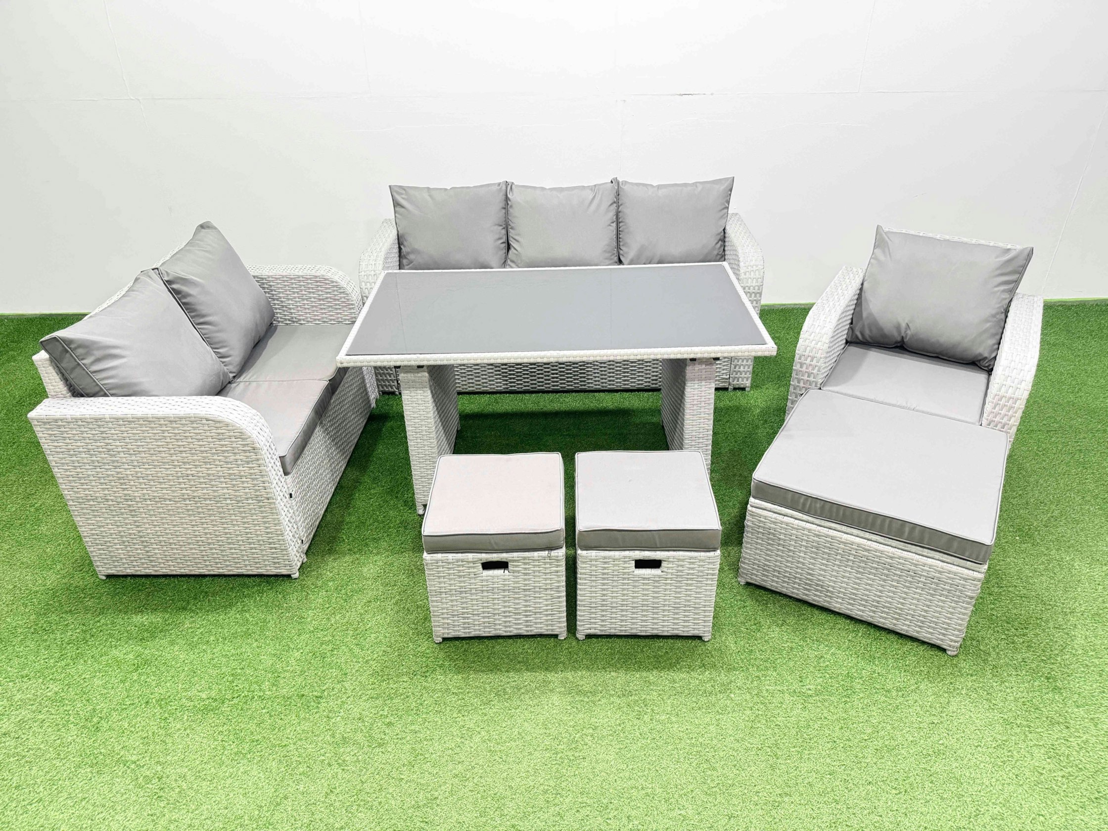 Fimous Light/Grey Rattan Outdoor Table Reclining Chair Sofa Set With 3 Stools 9 Seater