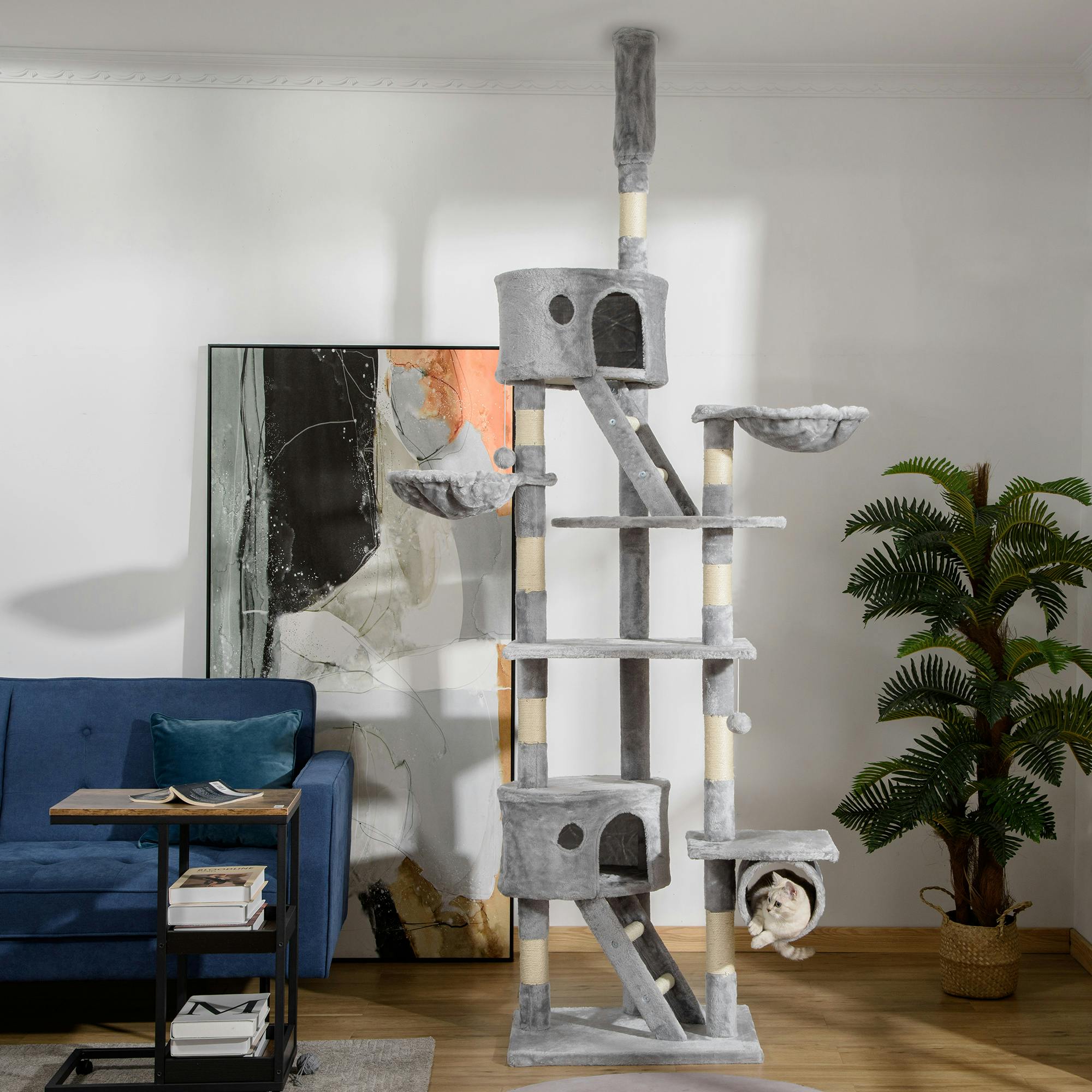 PAWHUT 240-260cm Floor to Ceiling Cat Tree with Scratching Posts in Light Grey - Image 4
