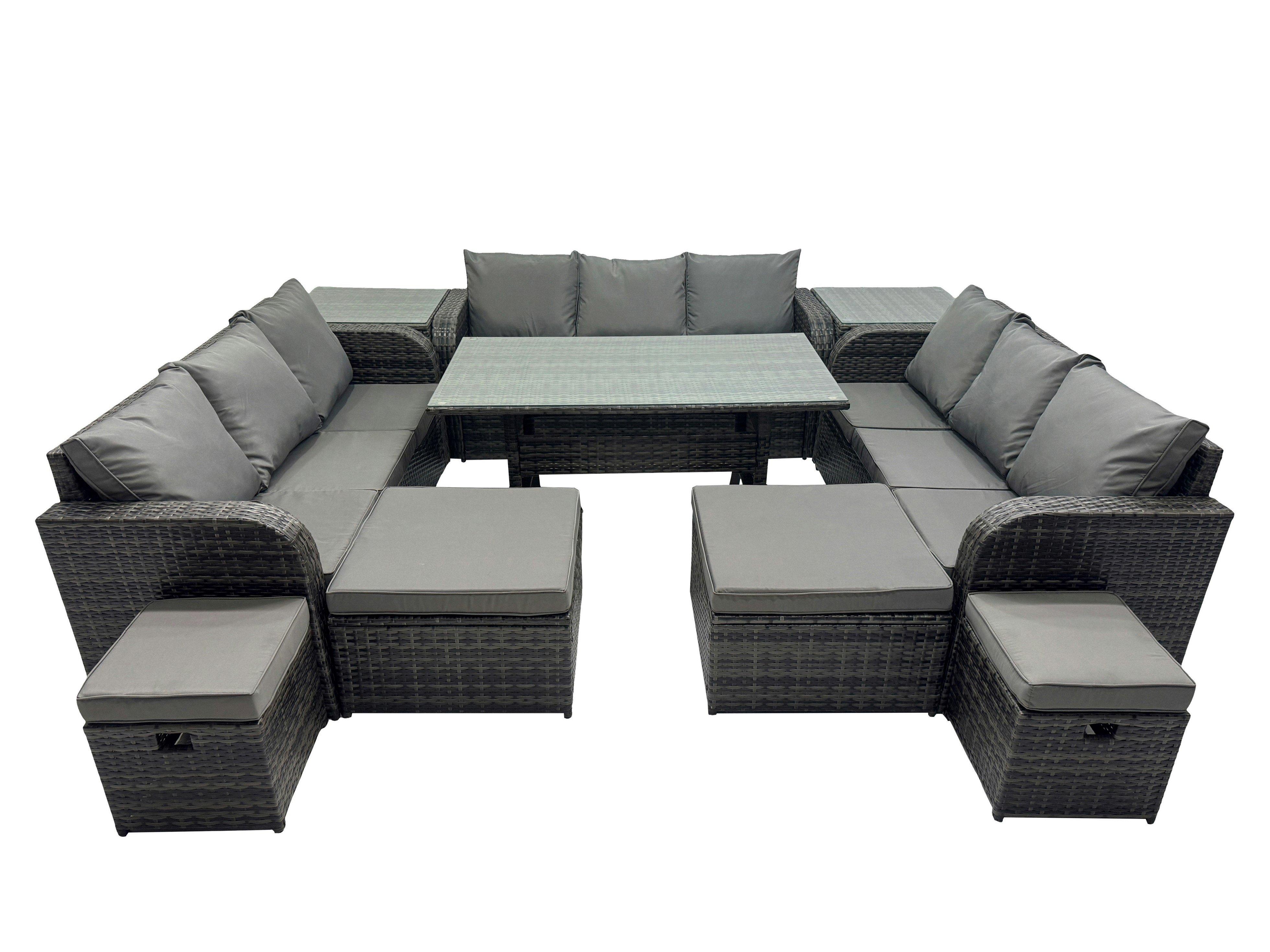 Rackhams Dark/Grey 13 Seater Garden Outdoor Rattan Furniture Set Rattan Sofa Oblong Dining Table With 2 Side Table 4 Footstools