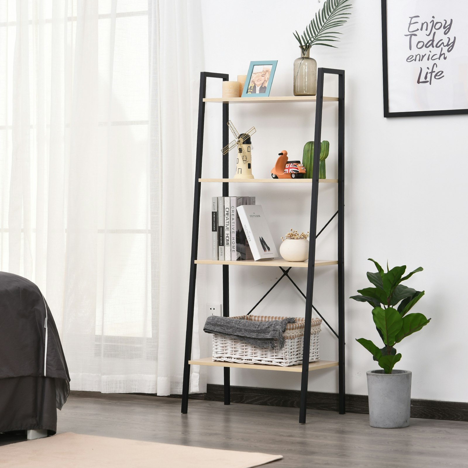 Rackhams Beige 4-Tier Minimalistic Ladder Shelf Unit Steel Frame Display Storage
