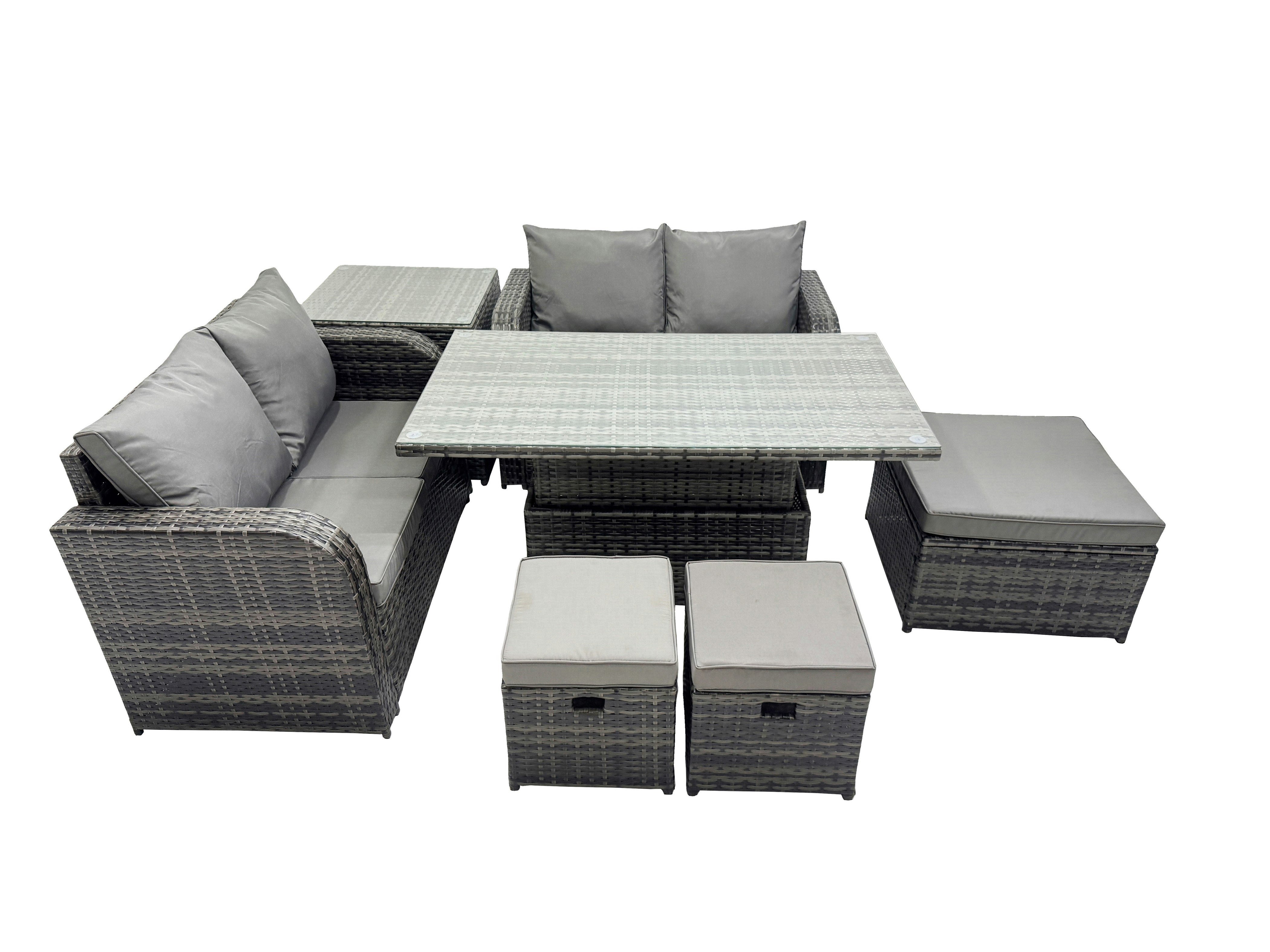 Rackhams Dark/Grey 7 Seater Patio Height Adjustable Rising Lifting Table Sofa Sets Rattan Garden Furniture Dining Set With 3 Stools Side Table Mixed