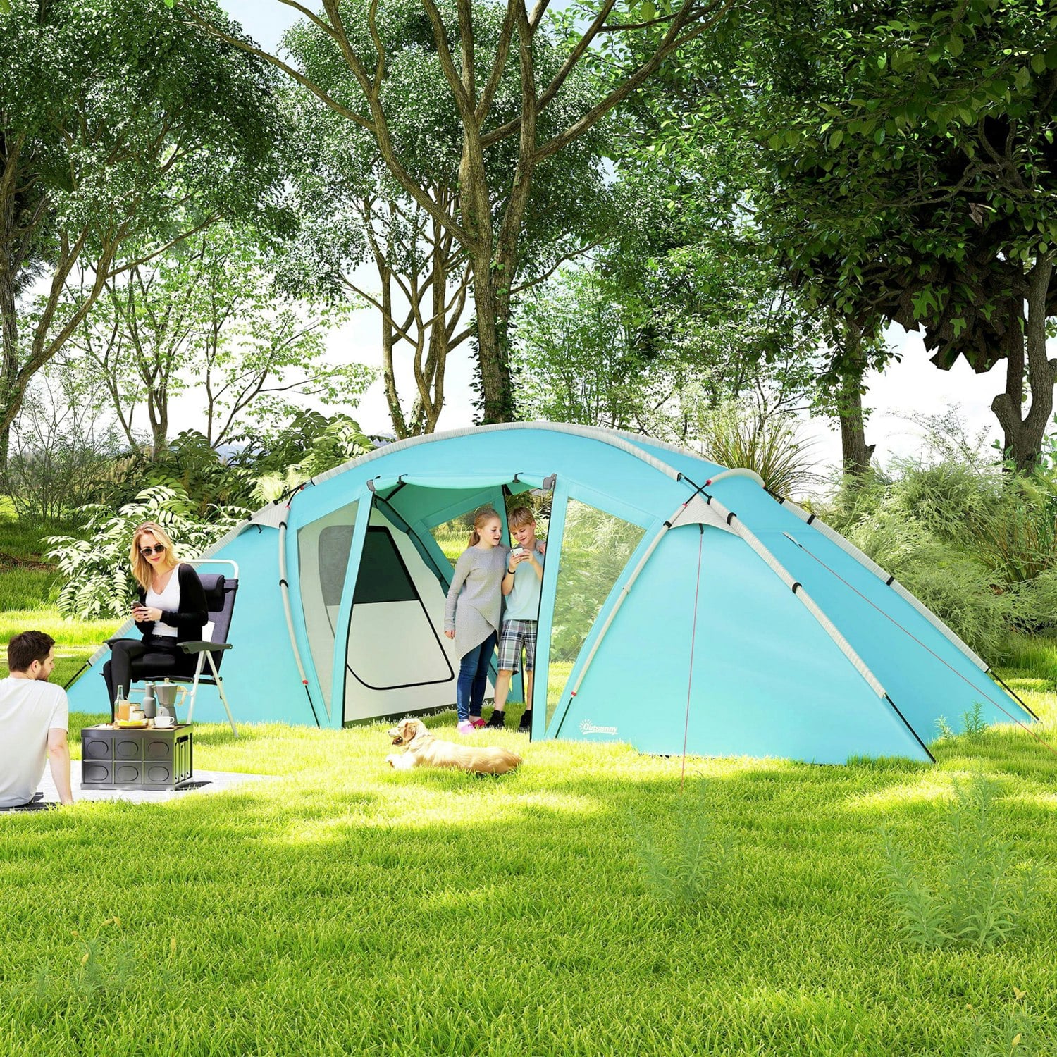 Outsunny Blue 4-6 Man Family Camping Tent W/ 2 Bedrooms, A Living Room,