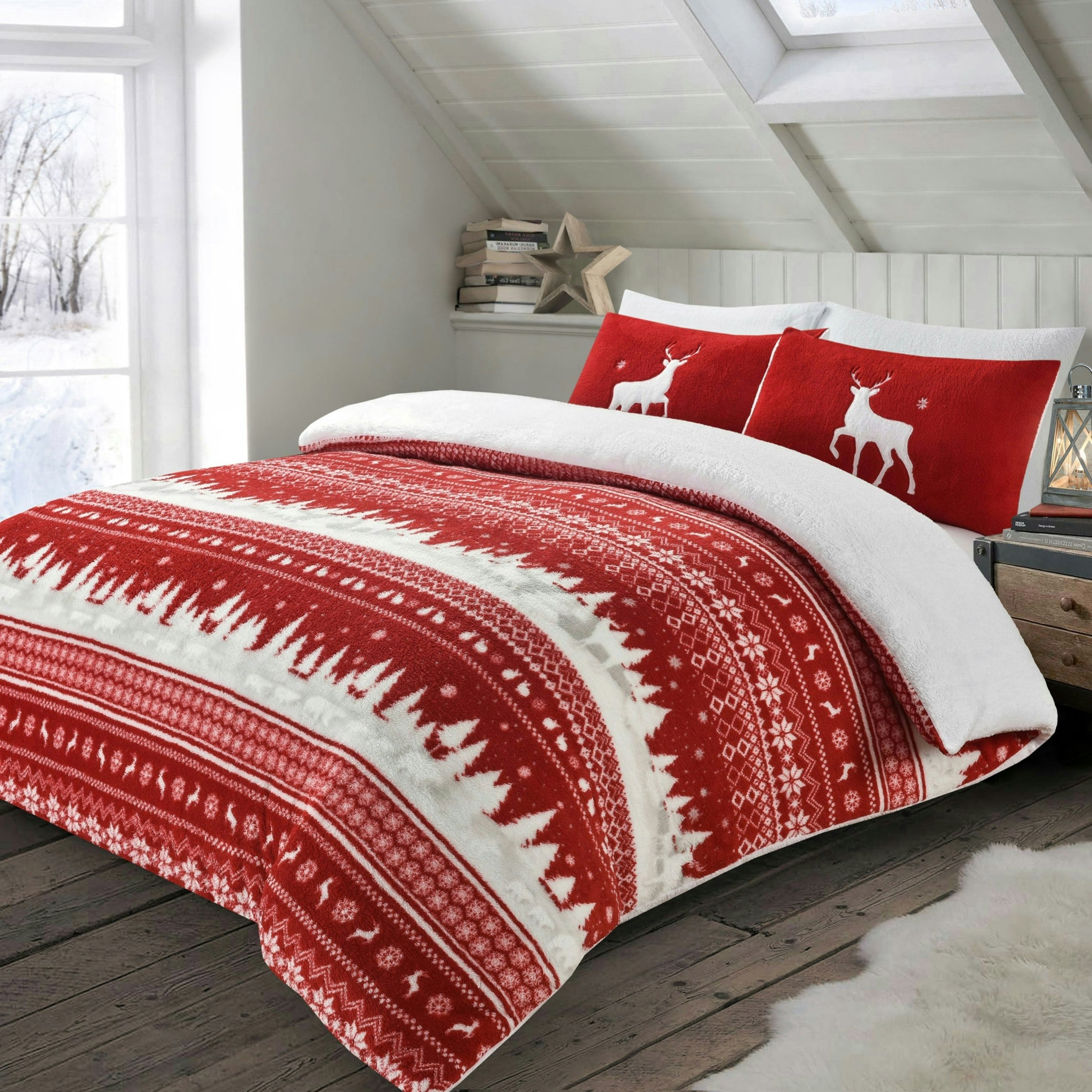 Velosso Red Nordic Teddy Fluffy And Warm Fleece Duvet Cover Set - Double