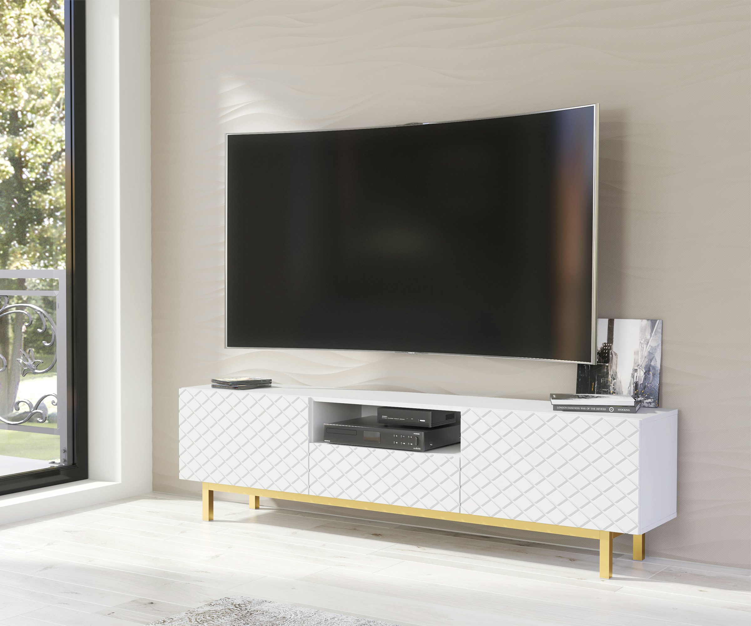 Rackhams Gold Elegantly Grooved Front Tv Unit 180Cm With Accents - 180 Cm - 1 - Mdf/Chipboard
