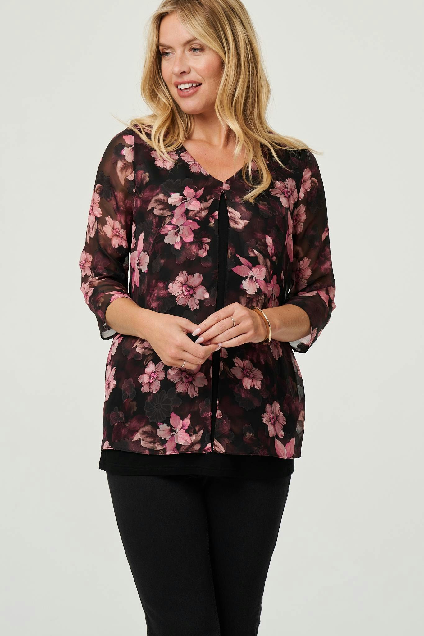 Izabel London Pink Floral 3/4 Sleeve Sheer Layered Blouse - 8