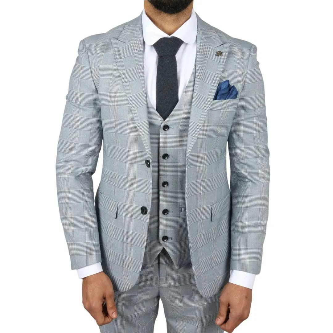 Paul Andrew Men's Blue Mark - 3 Piece Tweed Check Tailored Fit Suit - 44" Jacket 38" Trousers