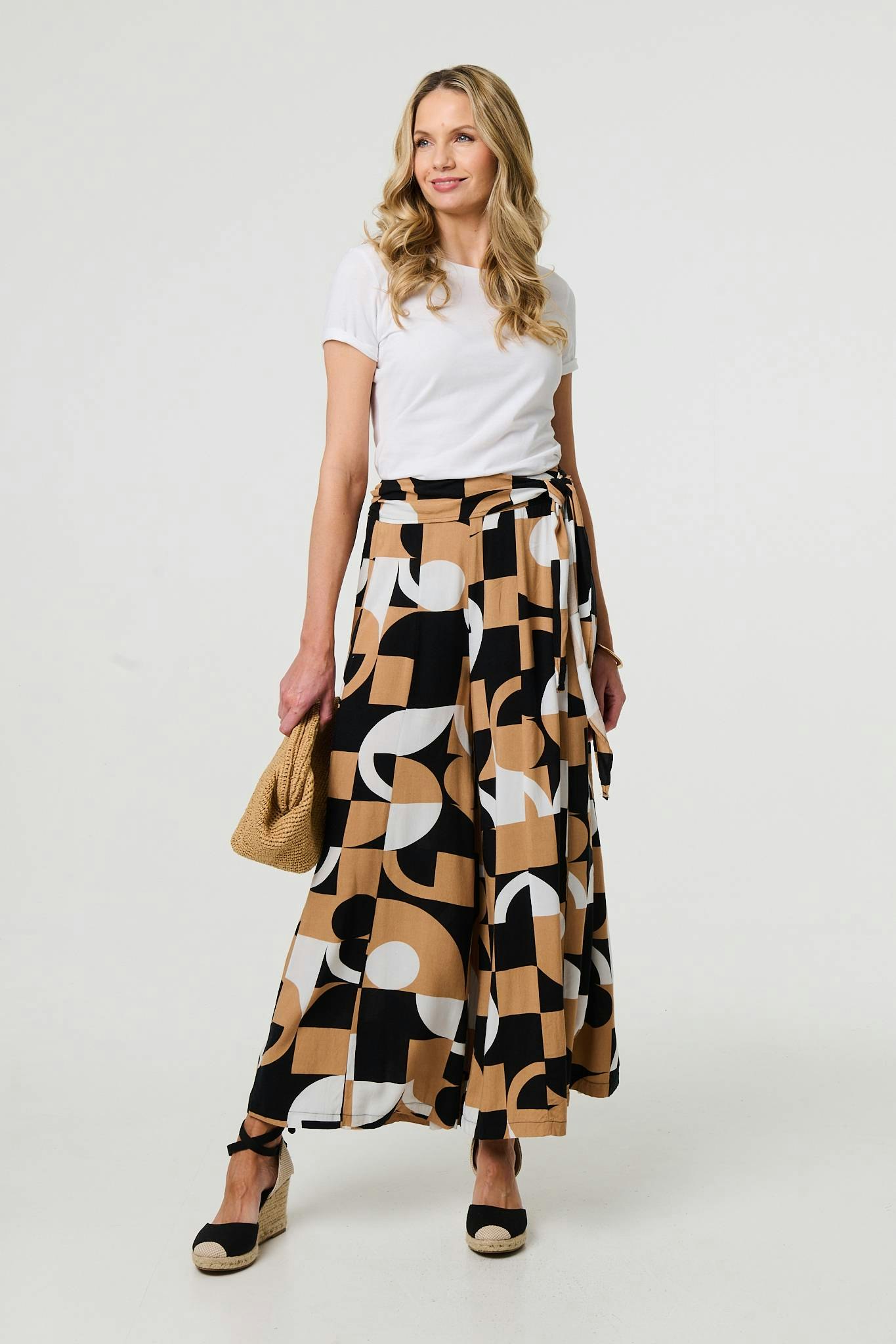 Izabel London Beige Abstract High Waist Wide Leg Trousers - Size 8
