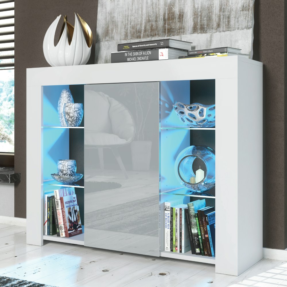 Mex Furniture Grey/White 97.5Cm Tv Stand Sideboard – Gloss Doors With Free Led - 97.5Cm - Matt Body & Gloss Doors - Mdf/Chipboard