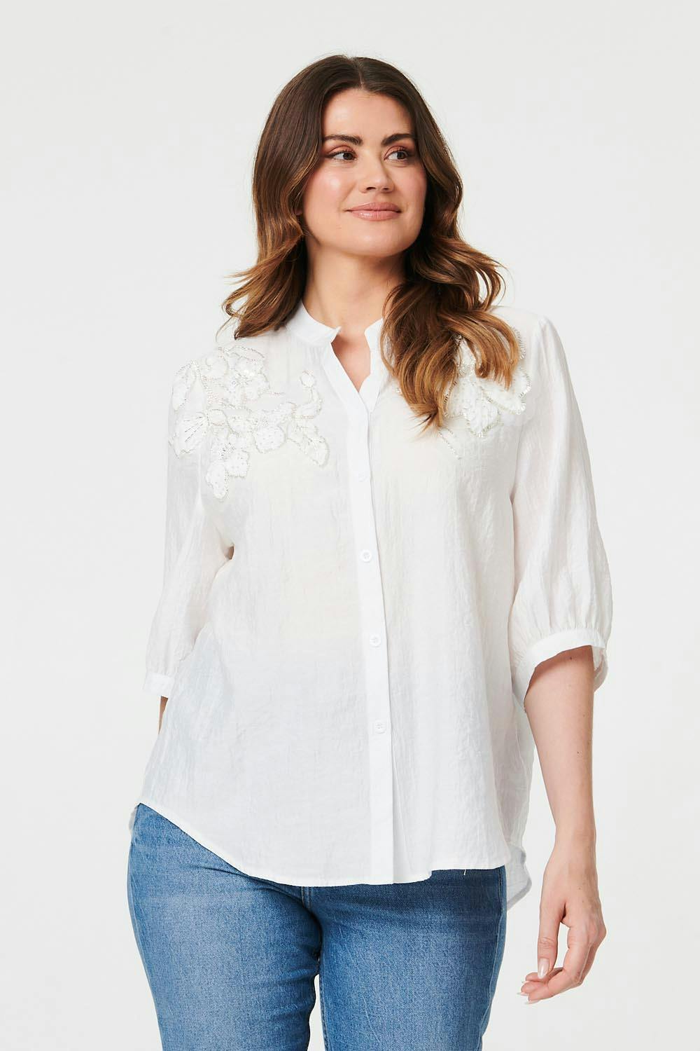 Izabel London White Embellished Floral 3/4 Sleeve Shirt - M/L