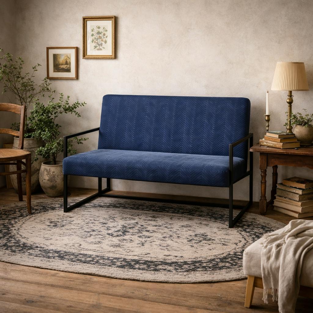 Rackhams Blue/Black London Velvet 2 Seater Sofa Metal Legs
