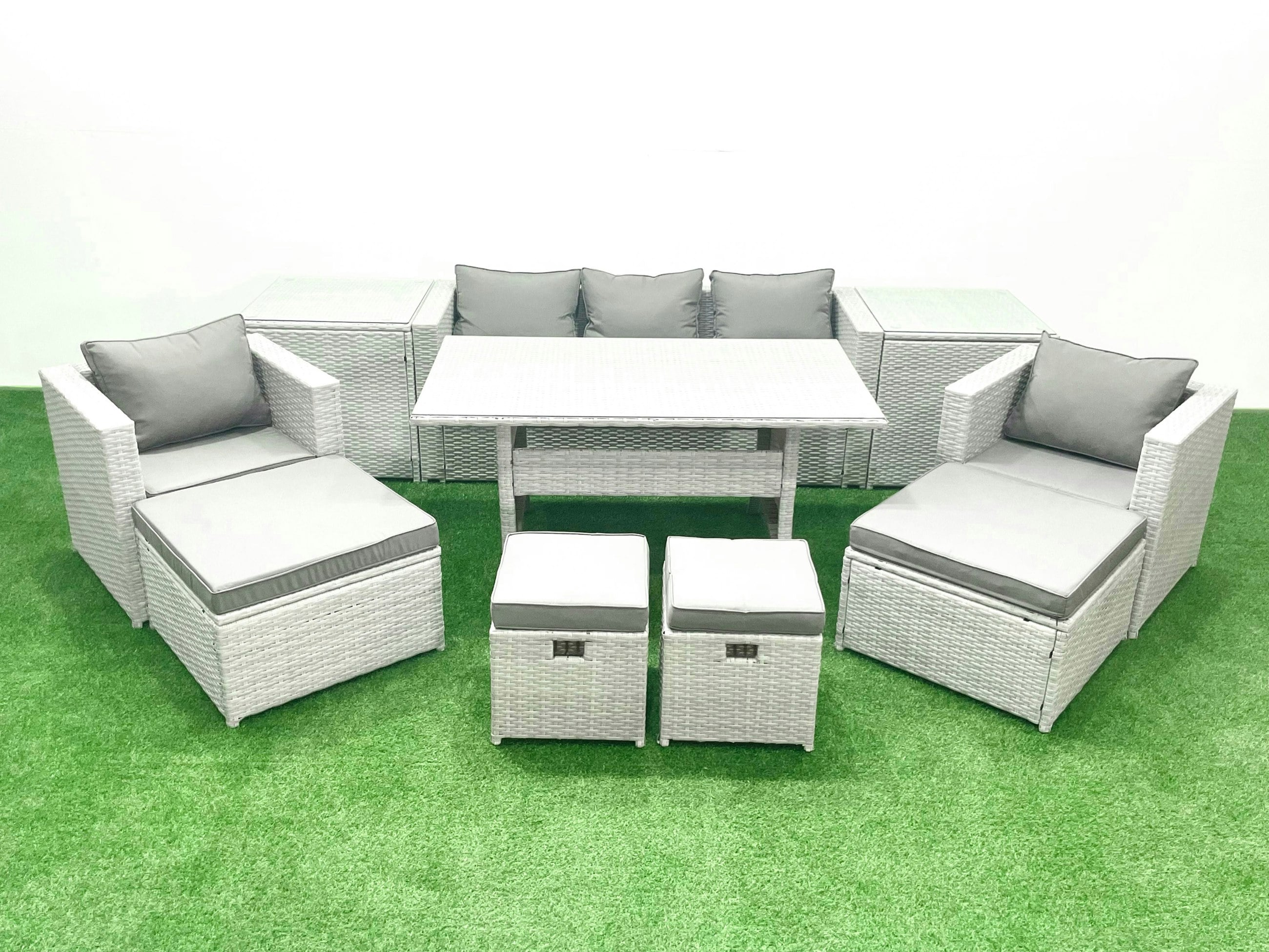 Fimous Light/Grey Rattan Garden Furniture Set Outdoor 9 Seater Patio Dining Sets With Glass Top Dining Table And 2 Side Tables Mixed