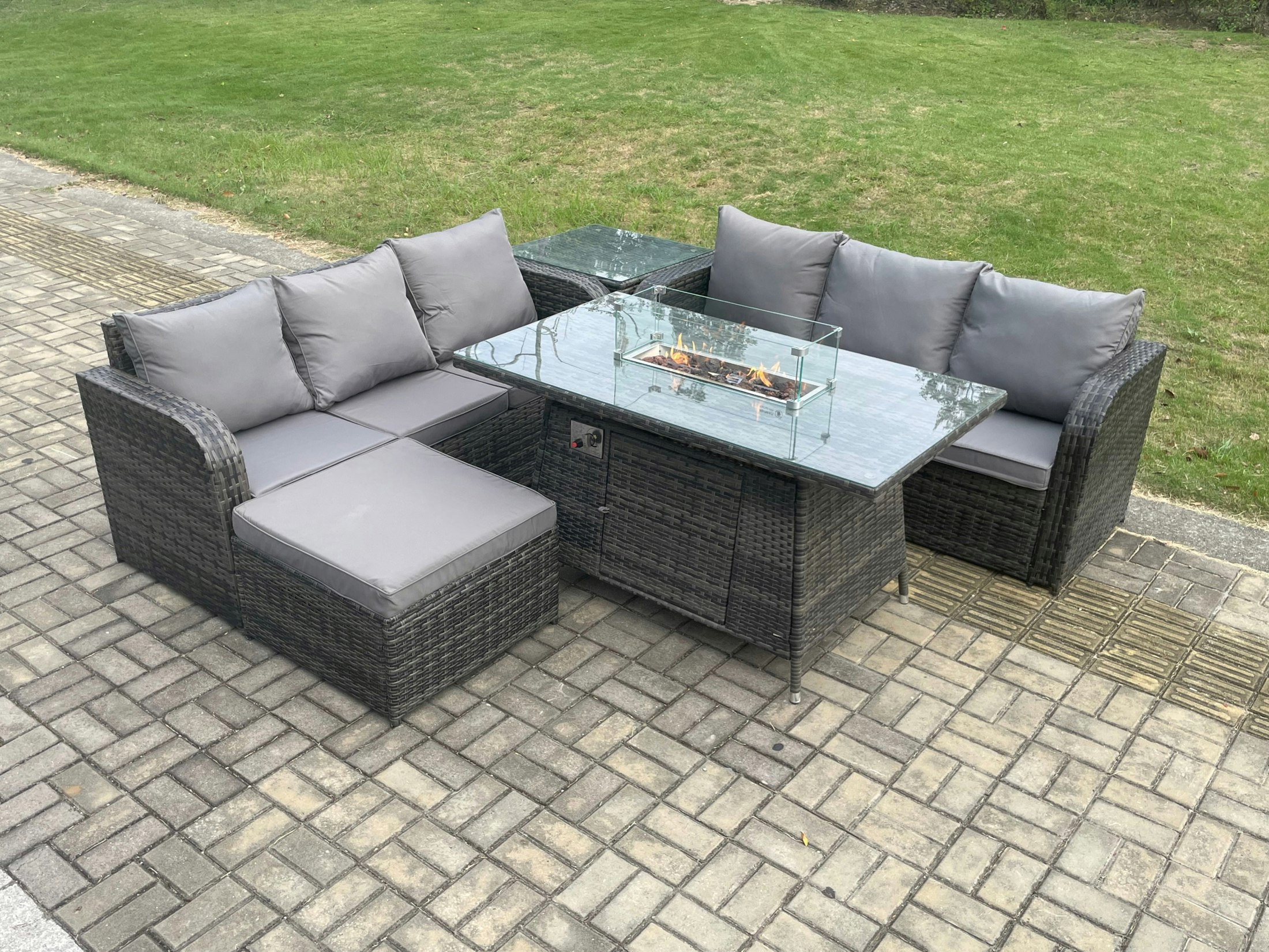 Rackhams Garden Patio Furniture Wicker Rattan Gas Fire Pit Table And Sofa Set With Side Table Big Footstool