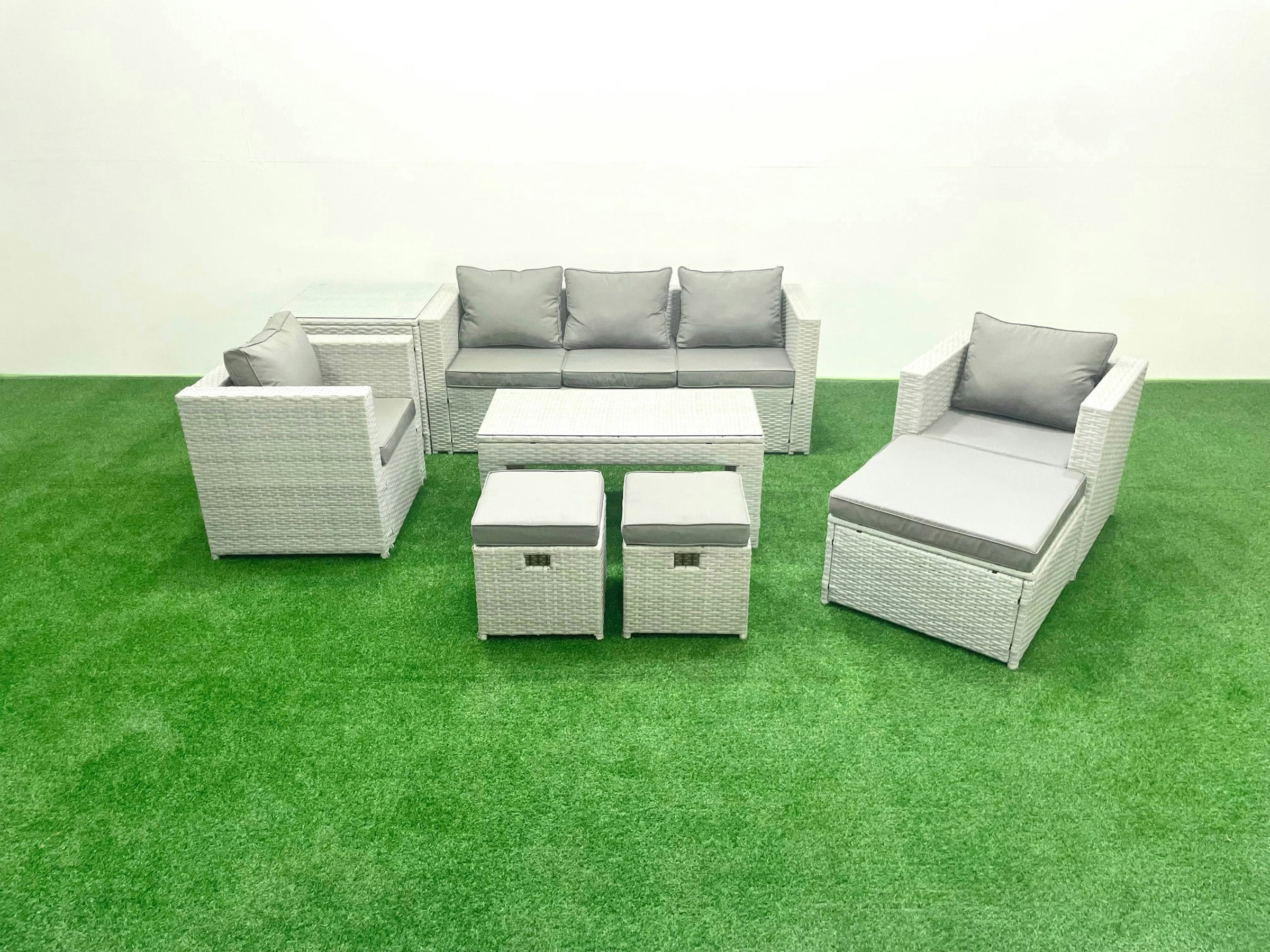 Rackhams Light/Grey Rattan Garden Furniture Set 8 Seater Outdoor Garden Sofa Oblong Coffee Table Set With 2 Chairs 3 Stools Side Table Mixed