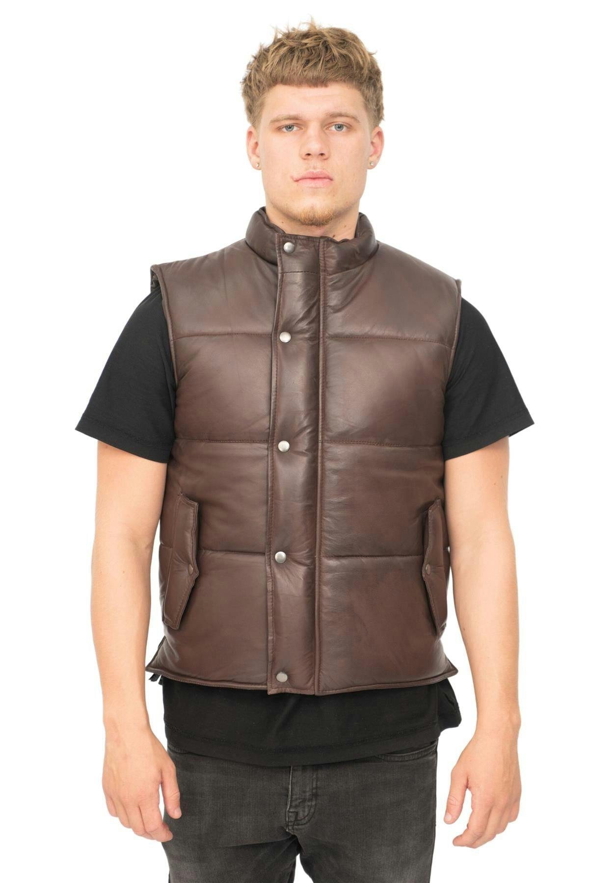 Infinity Leather Men's Brown Classic Leather Puffer Waistcoat-Nottingham - Uk M | Eu 48 | Us 38