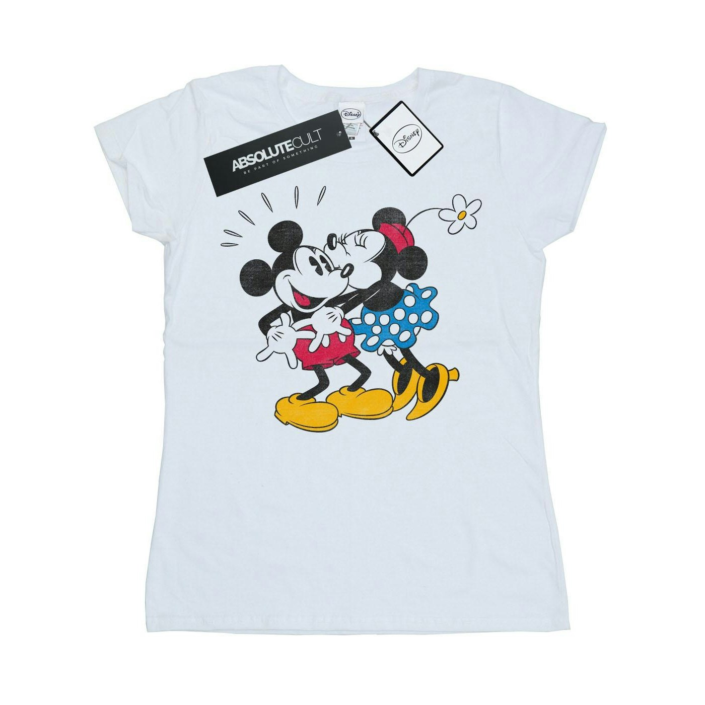 Disney Women's White / Mickey And Minnie Kiss Cotton T-Shirt - Extra Small