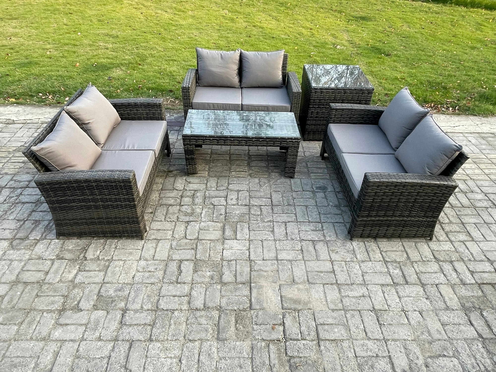 Rackhams Dark/Grey 6 Seater Rattan Wicker Garden Furniture Patio Conservatory Sofa Set With Coffee Table Double Seater Sofa Side Table