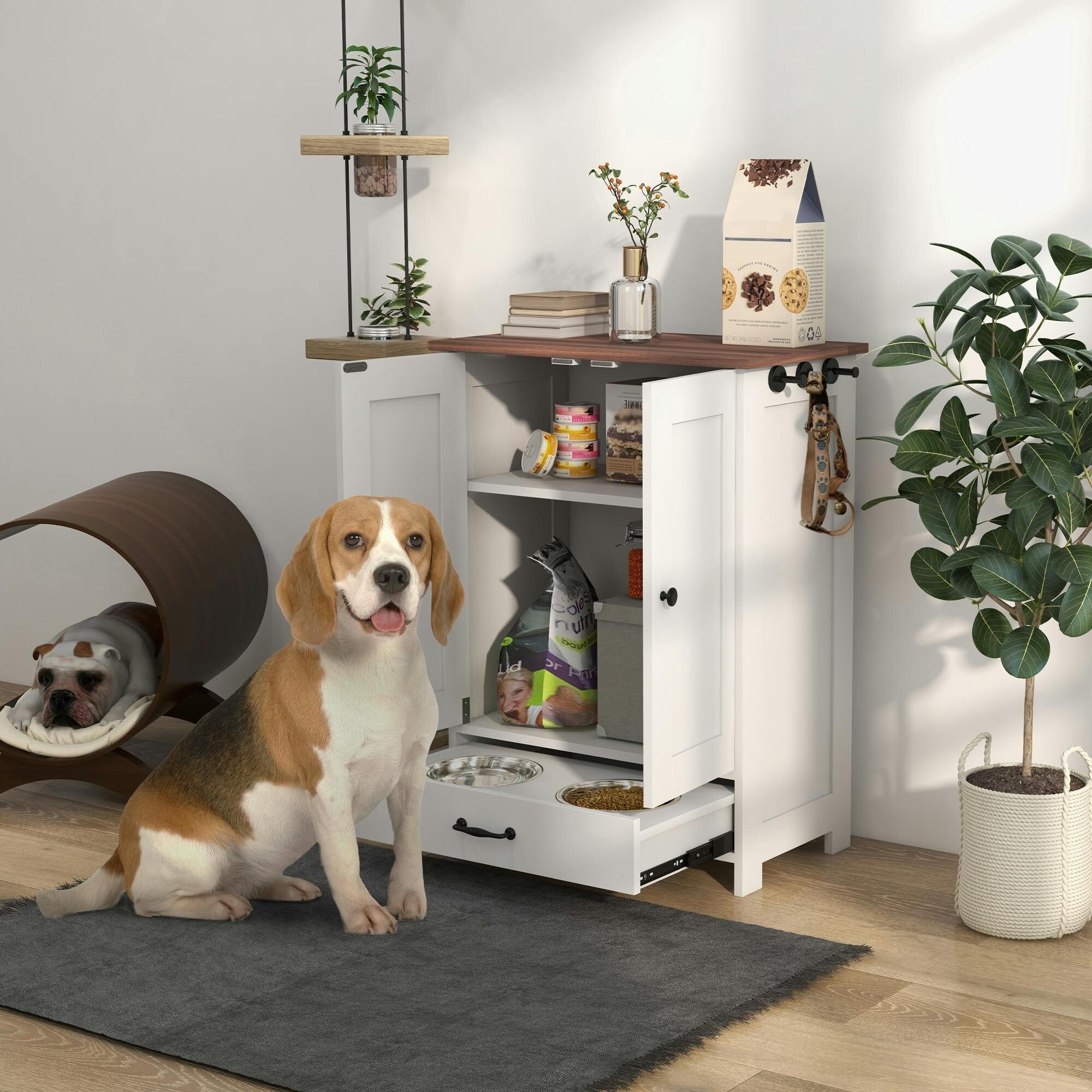 Pawhut White Dog Feeding Station With Storage, Pet Feeding Station With Dog Bowls