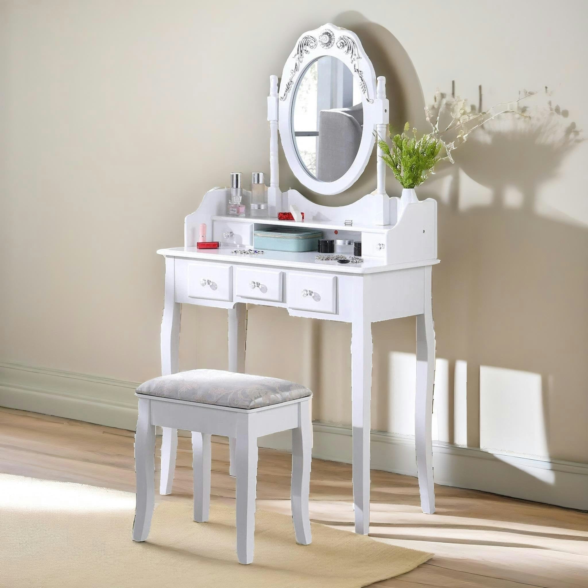 Rackhams White 5 Drawer Dressing Table With Round Mirror And Stool