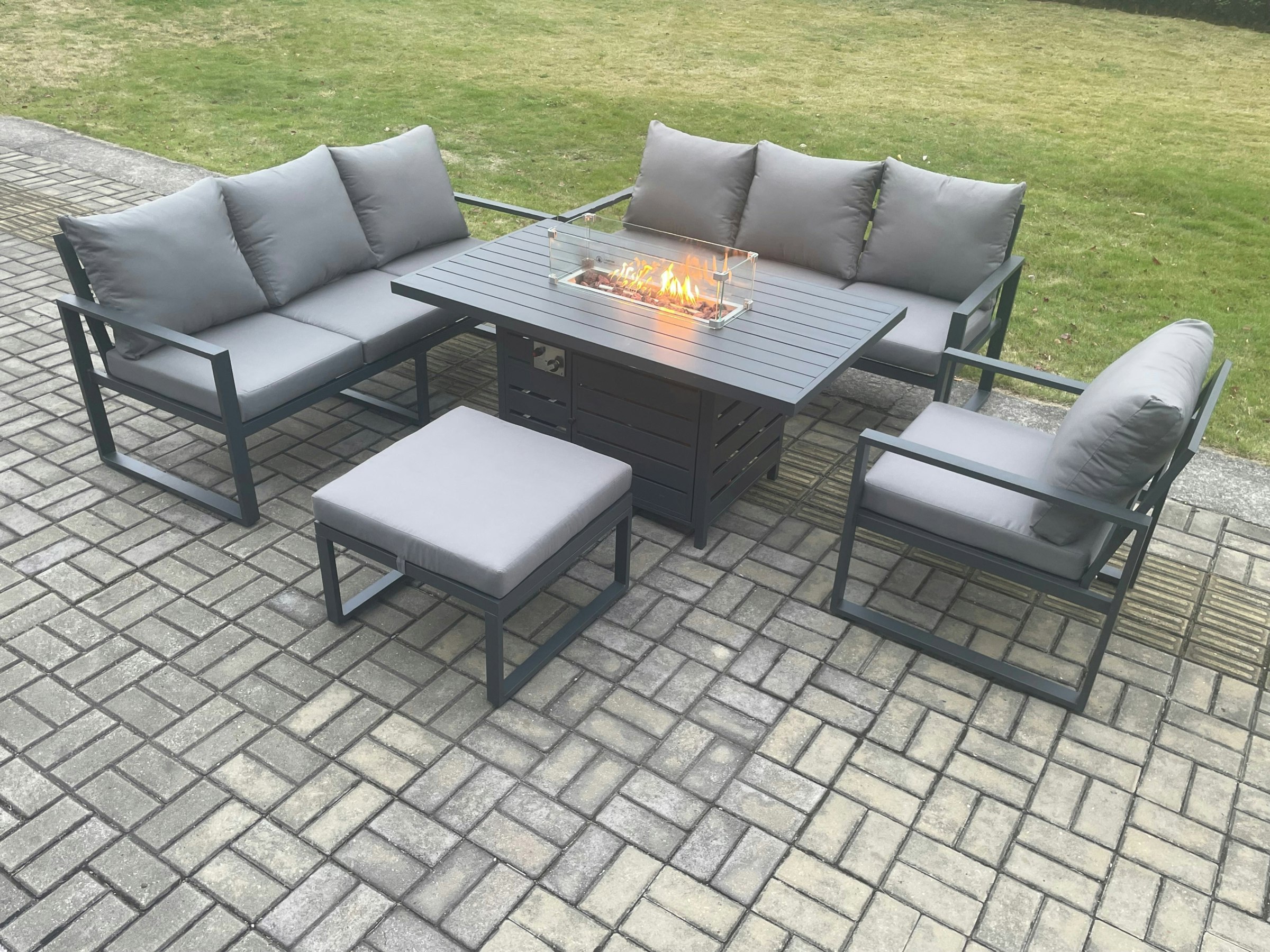 Fimous Dark/Grey Aluminium Outdoor Lounge Sofa Garden Furniture Sets Gas Fire Pit Dining Table Set With Arm Chair Big Footstool