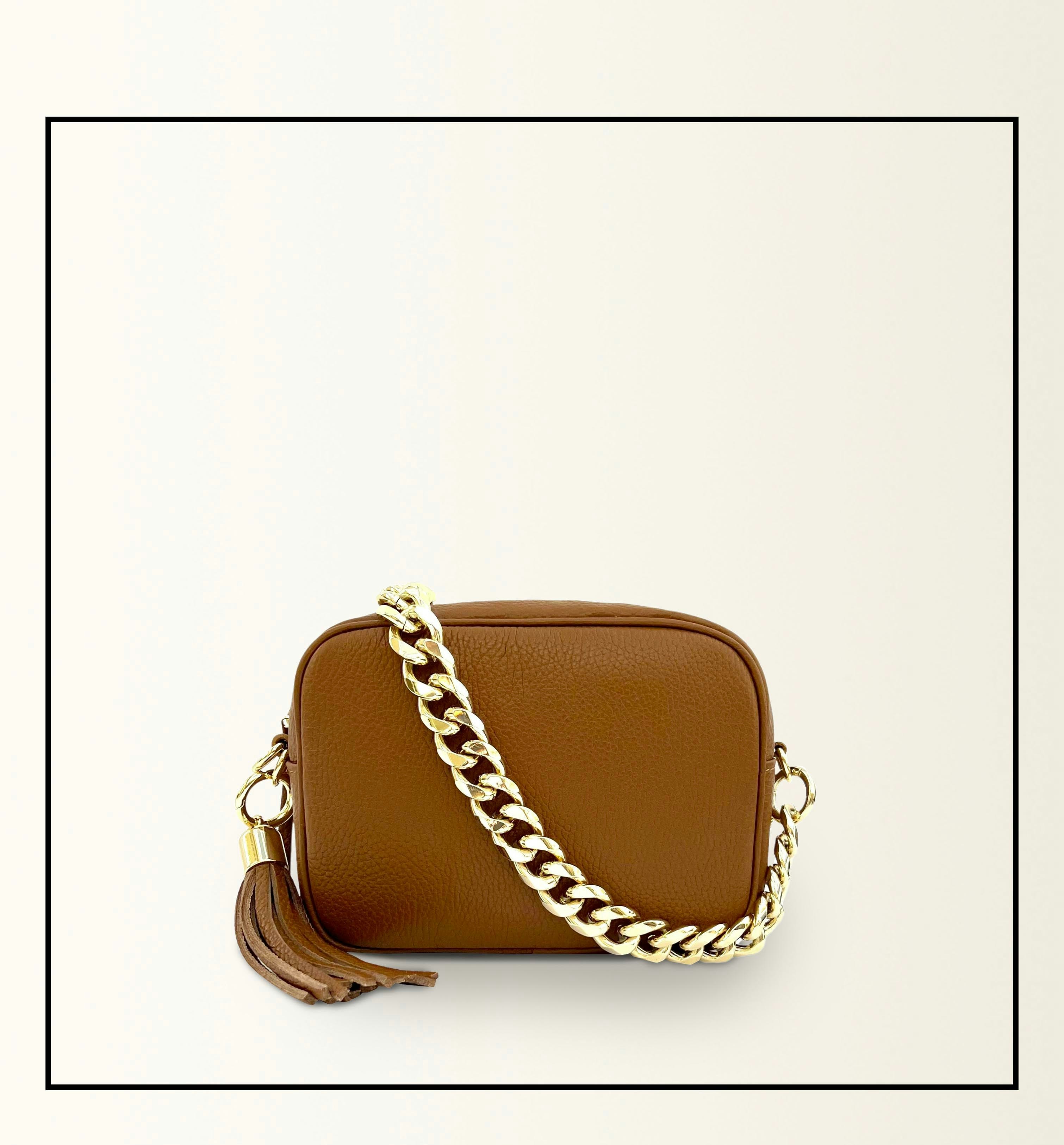 Apatchy London Gold The Tassel Tan Leather Crossbody Bag With Chain Strap - 7Cm