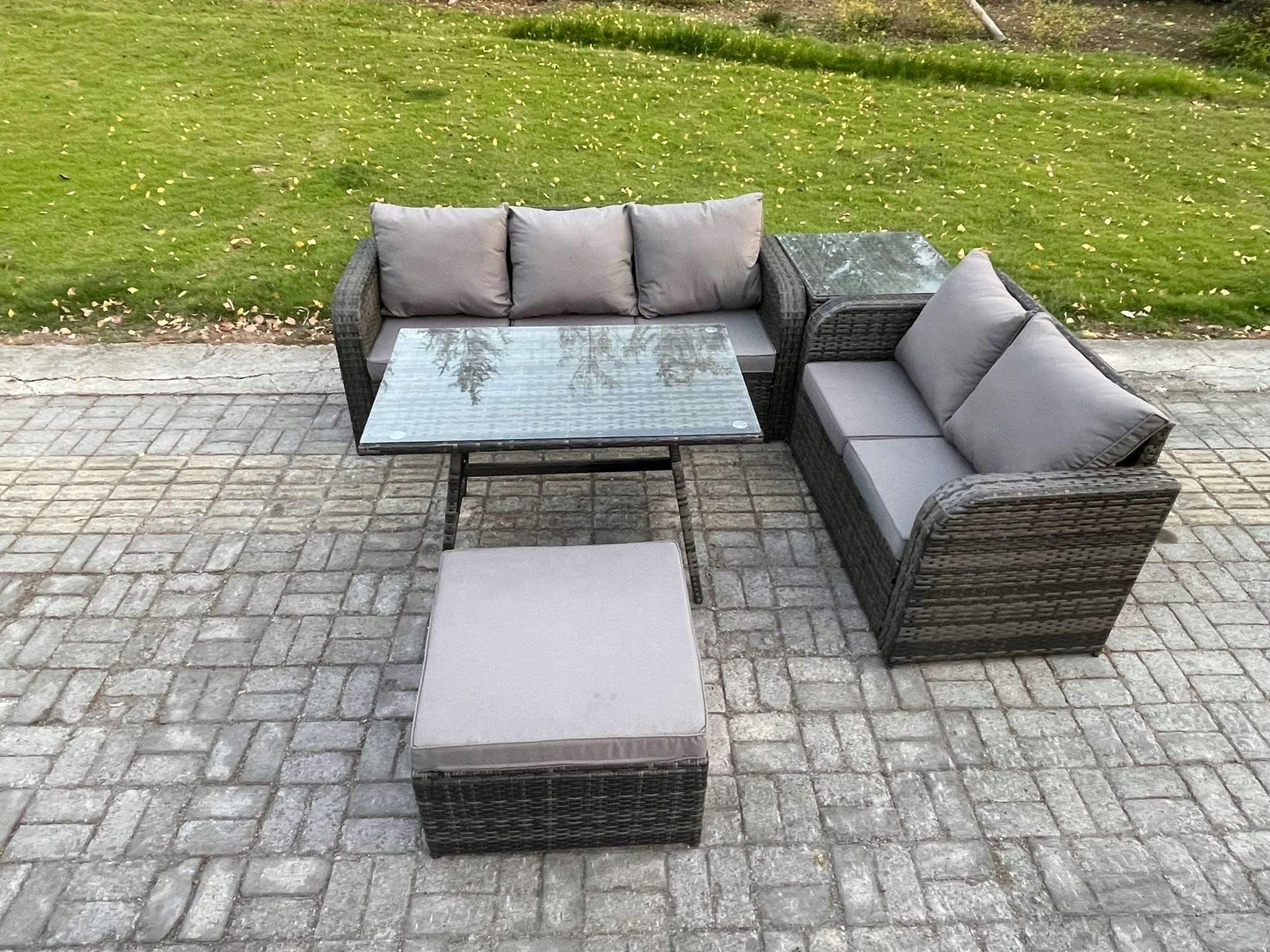 Fimous Dark/Grey High Back Pe Rattan Sofa Set Outdoor Garden Furniture Dining Table Set Love Sofa 3 Seater Sofa Big Footstool Side Table